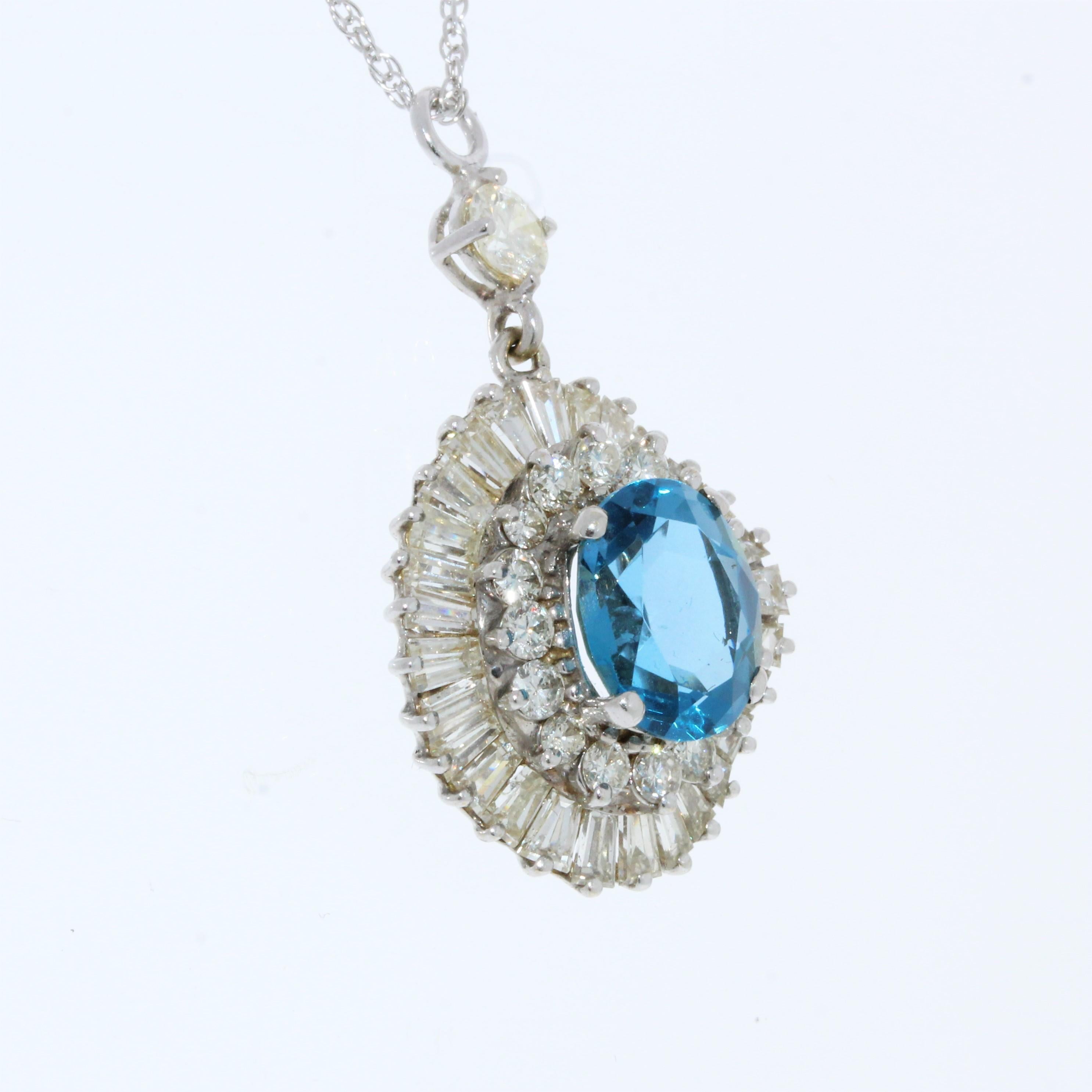 Round Cut 4.50 Carat Blue Topaz Gemstone & Diamond Fashion Pendants In 14K White Gold For Sale
