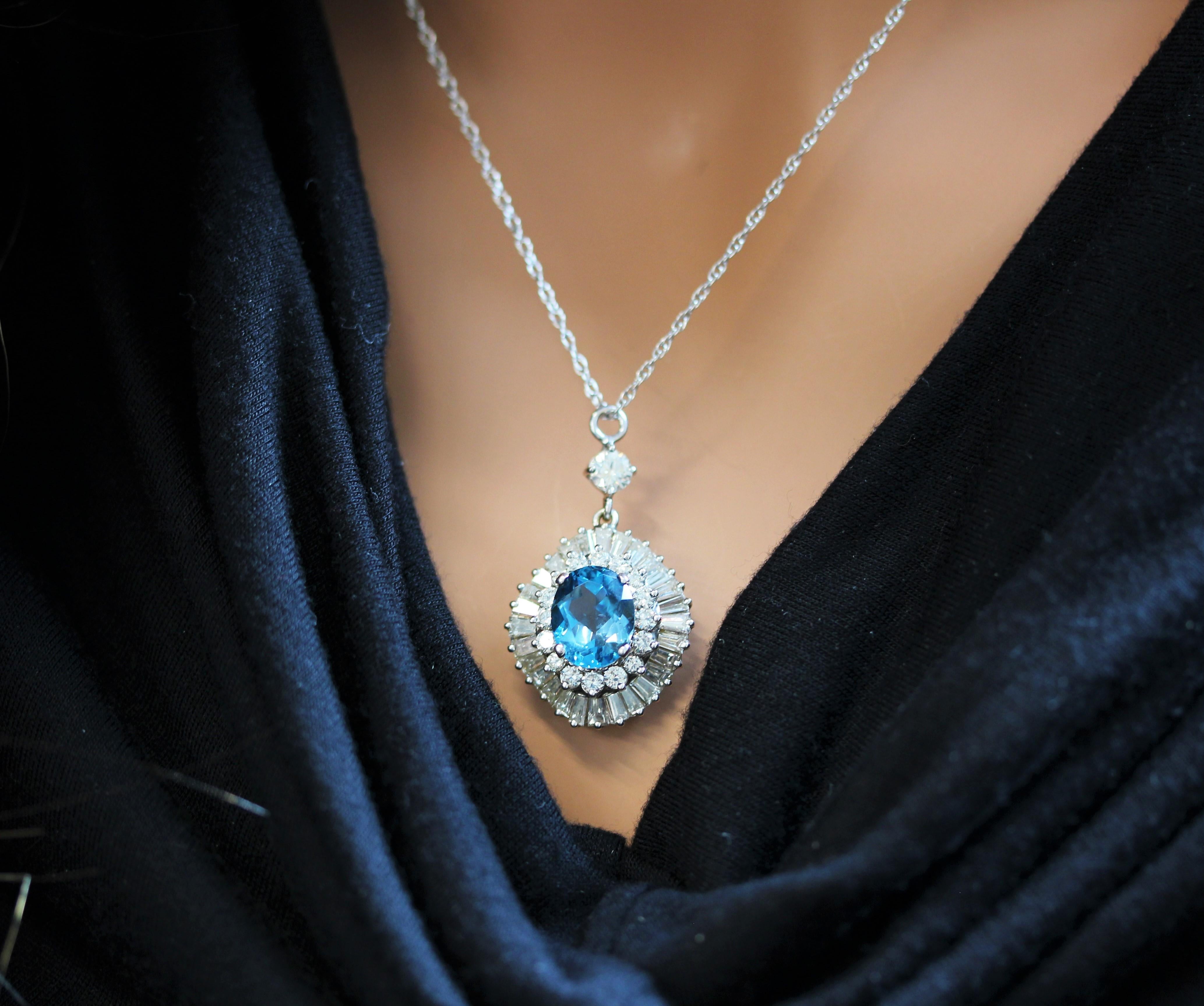 4.50 Carat Blue Topaz Gemstone & Diamond Fashion Pendants In 14K White Gold In New Condition For Sale In Chicago, IL