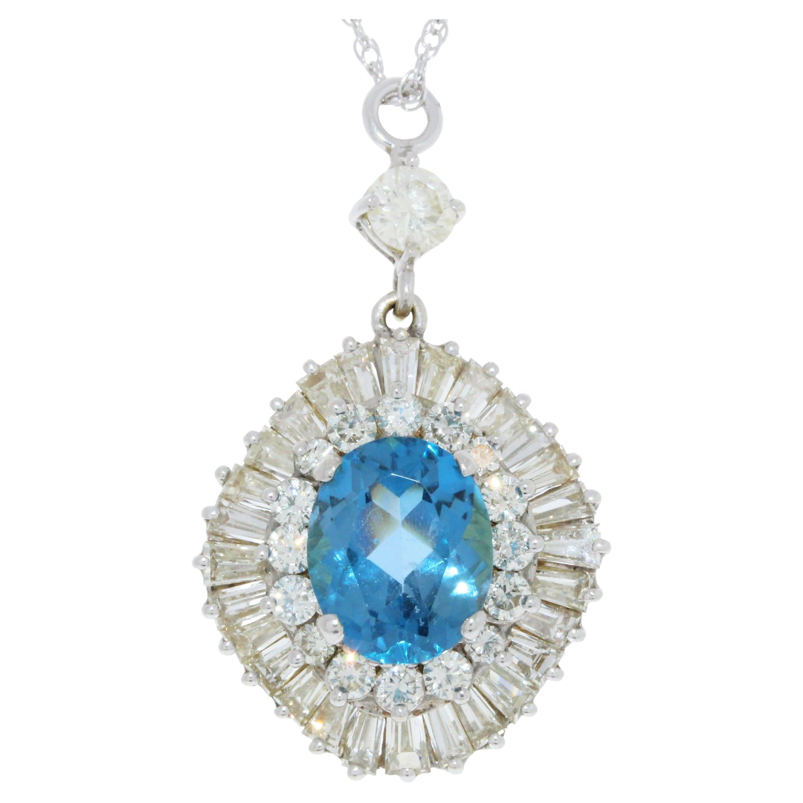 4.50 Carat Blue Topaz Gemstone & Diamond Fashion Pendants In 14K White Gold For Sale