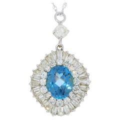 4.50 Carat Blue Topaz Gemstone & Diamond Fashion Pendants In 14K White Gold