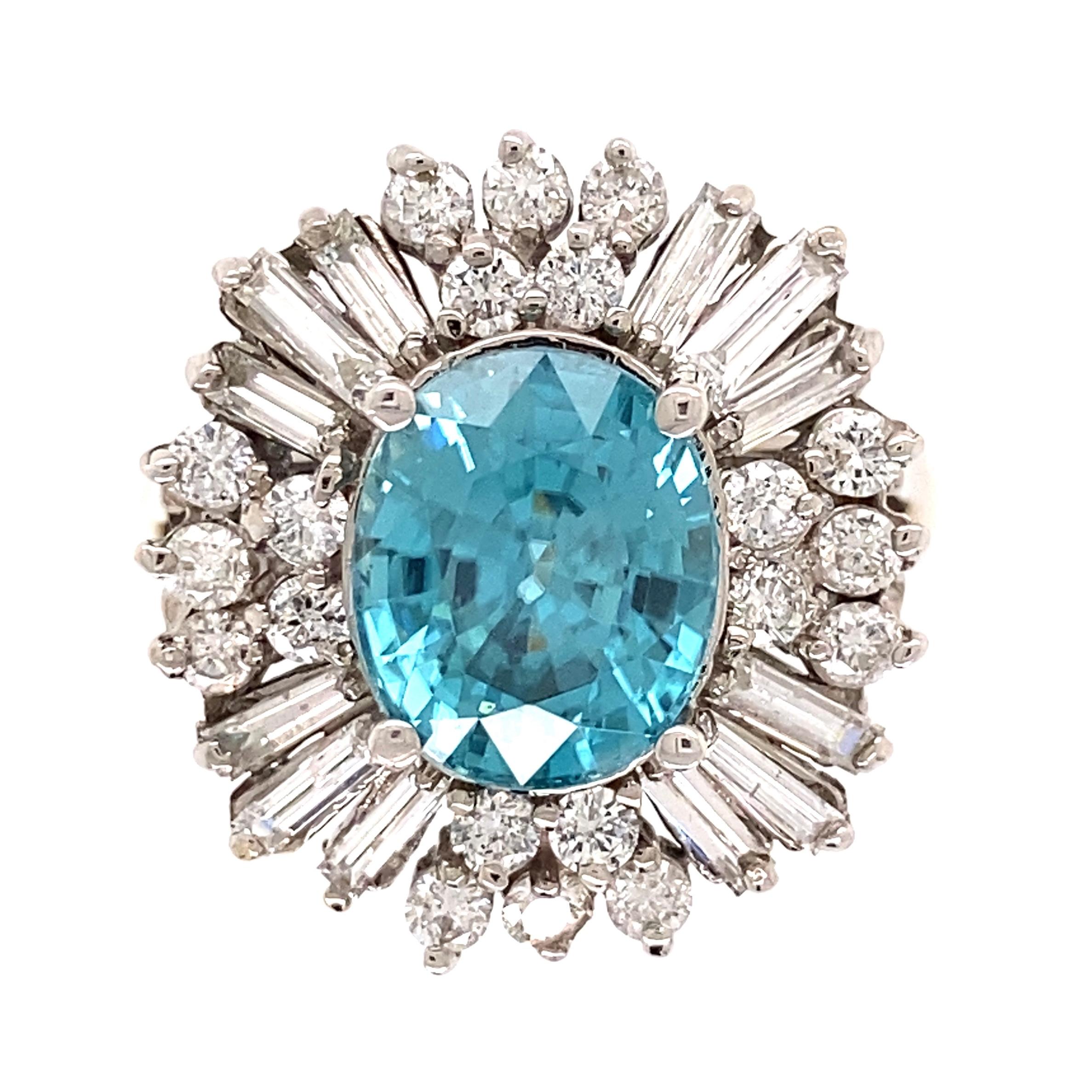 Mixed Cut 4.50 Carat Blue Zircon and Diamond Cocktail Ring Estate Fine Jewelry For Sale