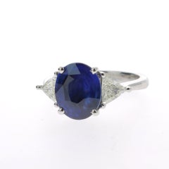 4.50 Carat Ceylon Intense Blue Sapphire Cocktail Ring Set with Triangle Diamond