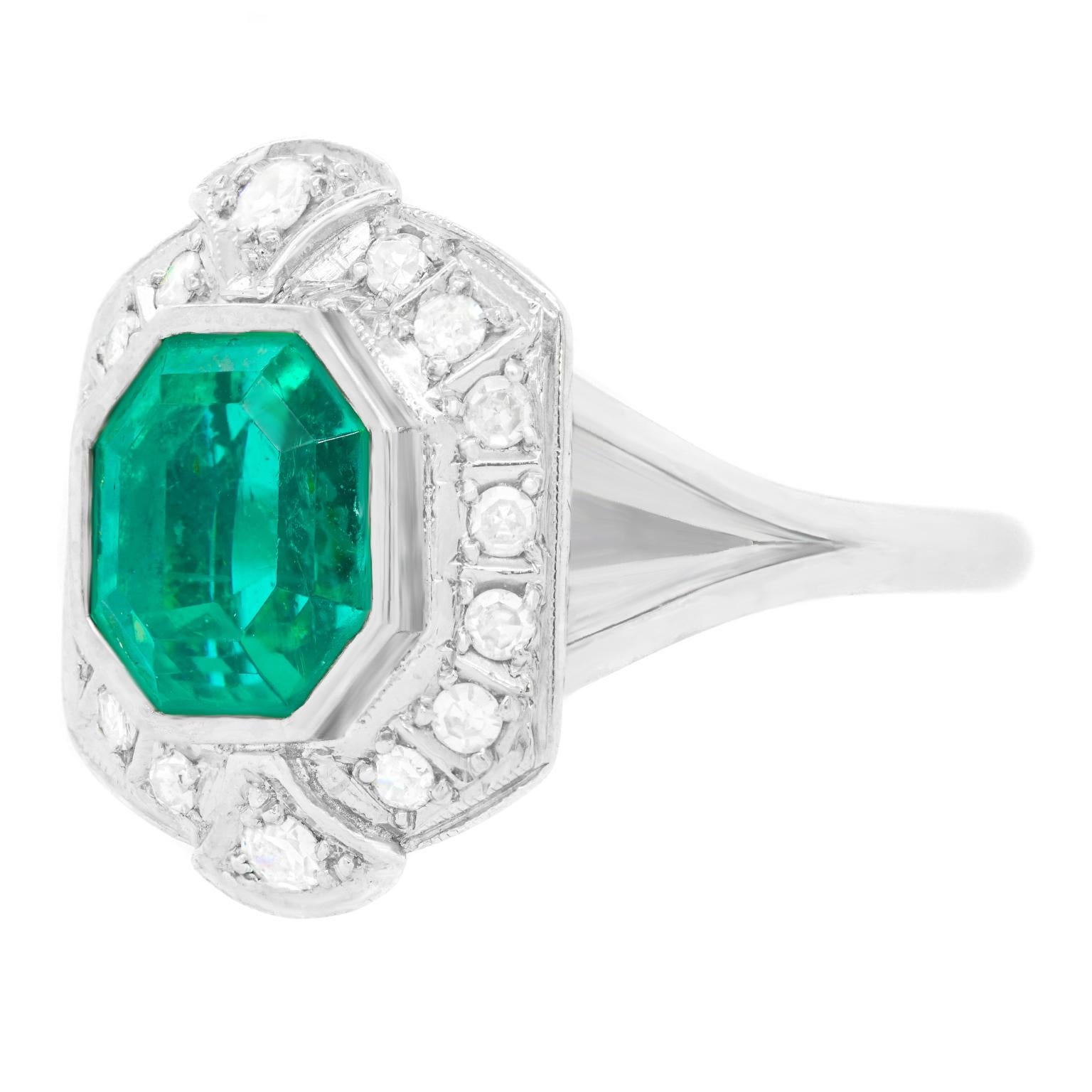 Octagon Cut 4.50 Carat Colombian Emerald and Diamond Art Deco Ring, GIA