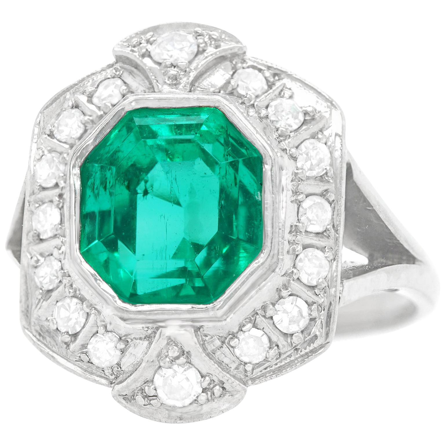 4.50 Carat Colombian Emerald and Diamond Art Deco Ring, GIA