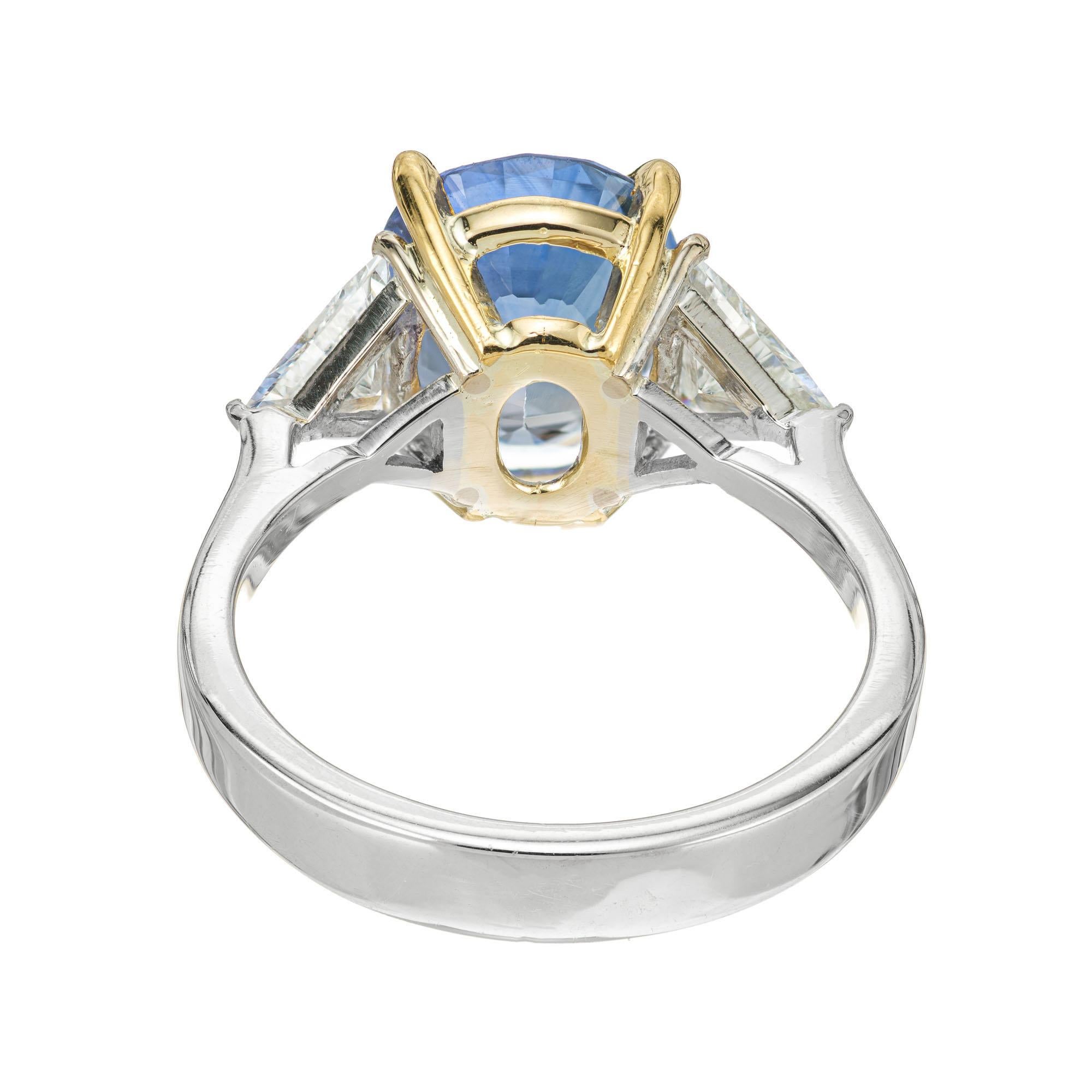 Oval Cut 4.50 Carat Cornflower Blue Sapphire Diamond Gold Three-Stone Engagement Ring For Sale