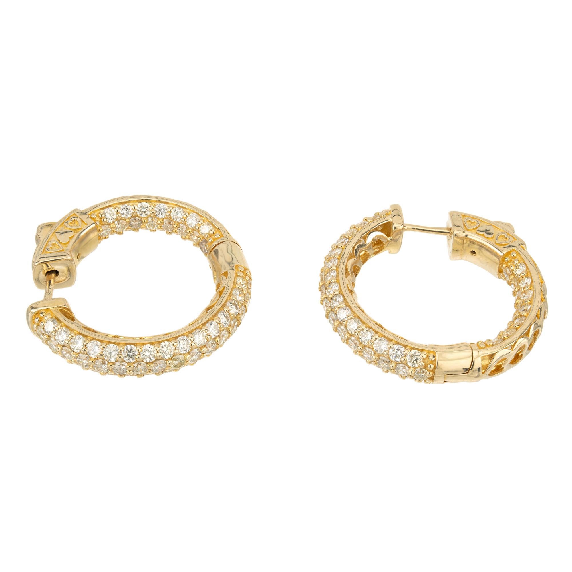 Round Cut 4.50 Carat Diamond Yellow Gold Hoop Earrings For Sale