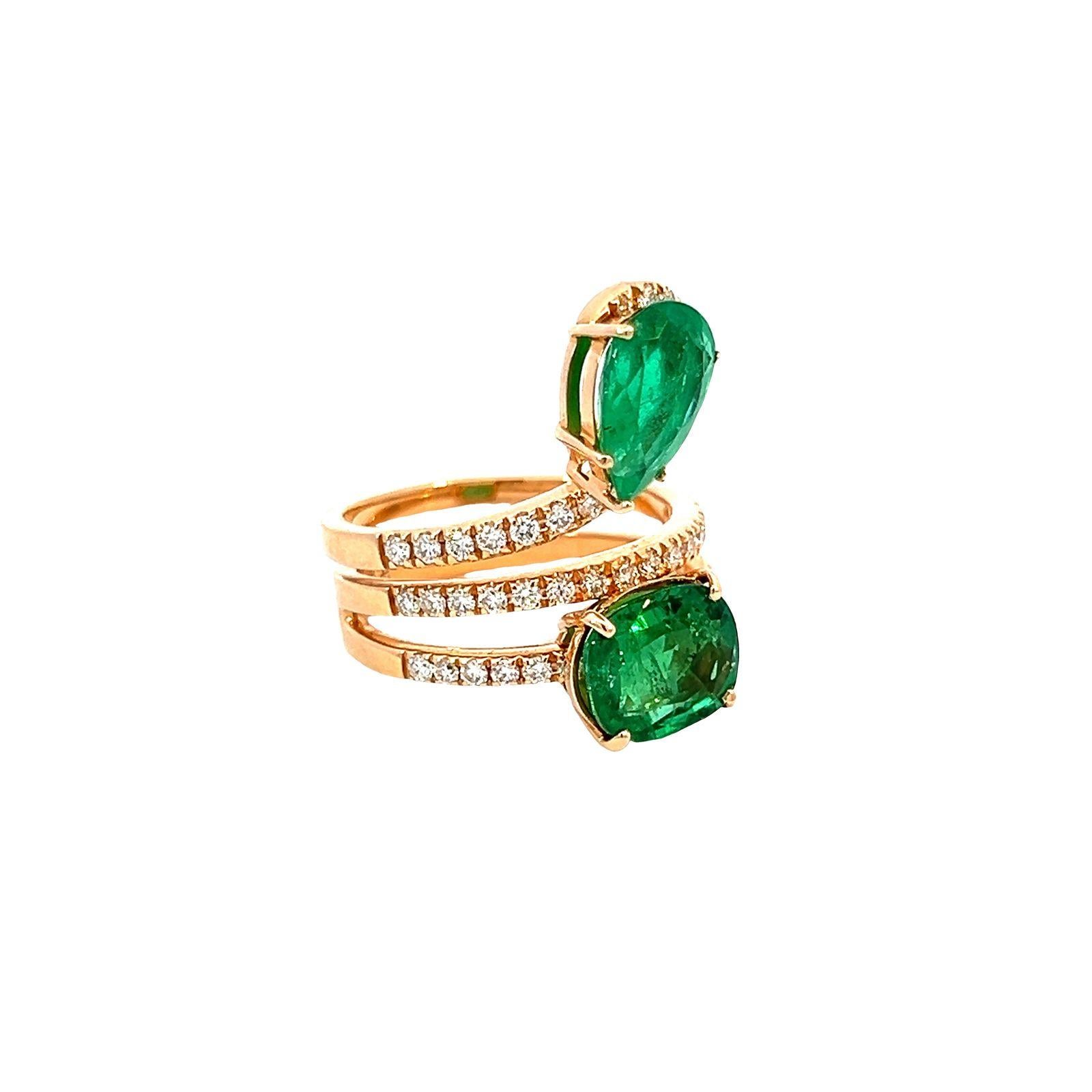Contemporary 4.50 Carat Emerald and Diamond Bypass Cocktail Ring For Sale