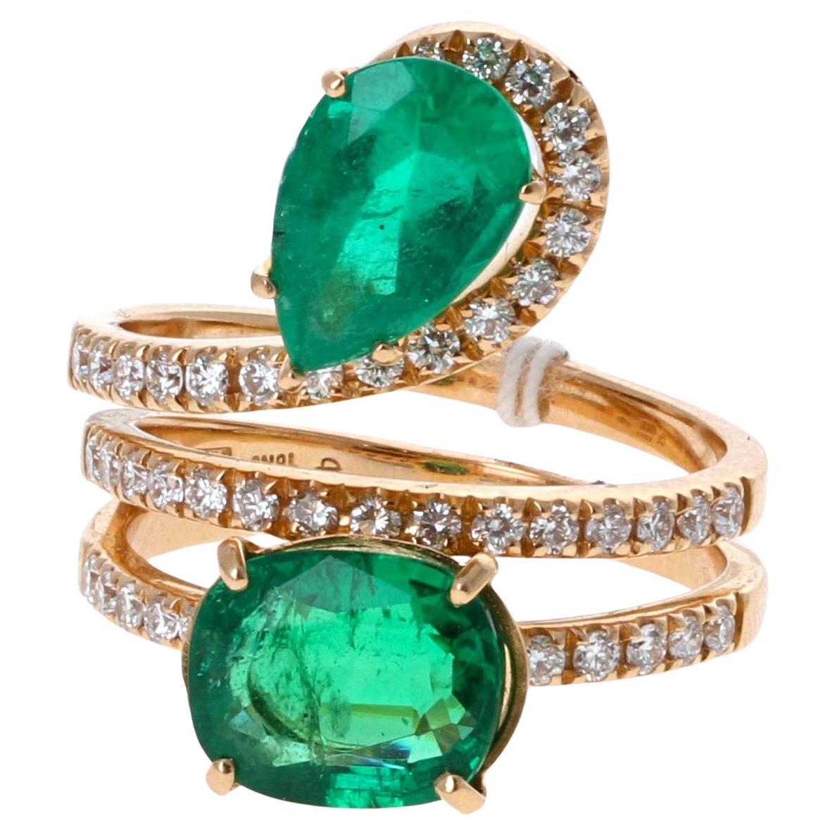 4.50 Carat Emerald and Diamond Bypass Cocktail Ring For Sale