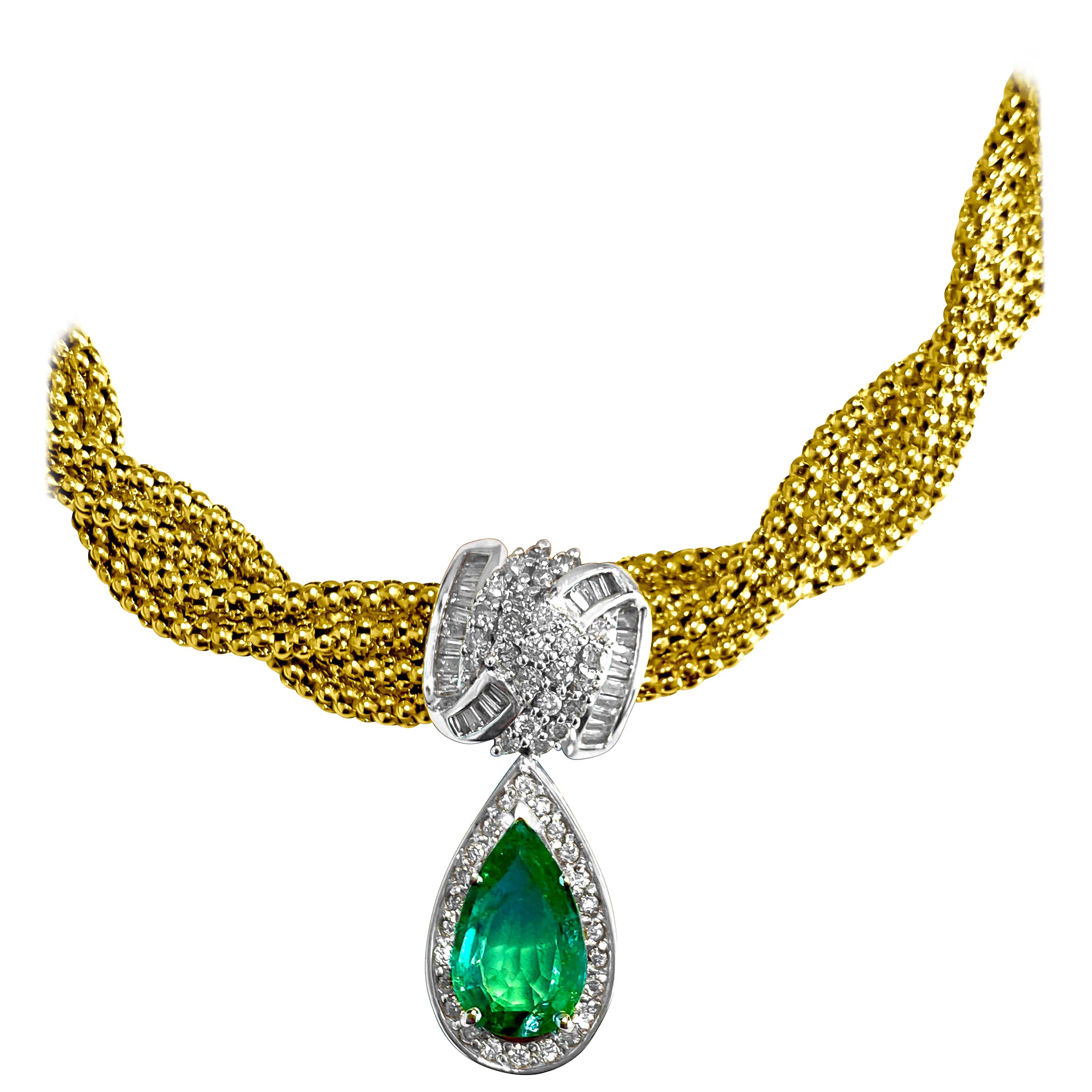 GIA Certified 4.50 Carat Emerald Diamond Necklace 14kt Yellow Gold For Sale