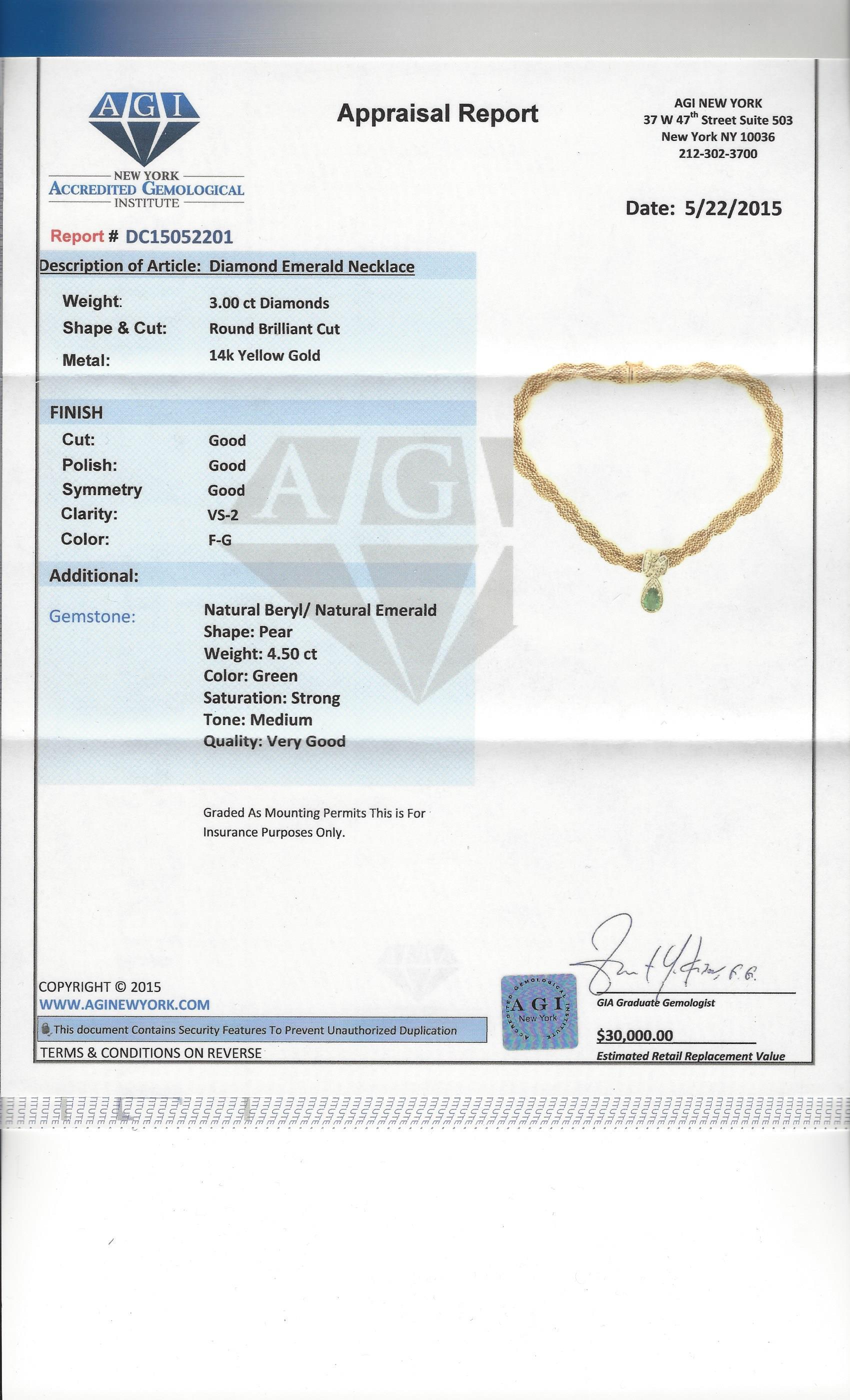 Pear Cut GIA Certified 4.50 Carat Emerald Diamond Necklace 14kt Yellow Gold For Sale