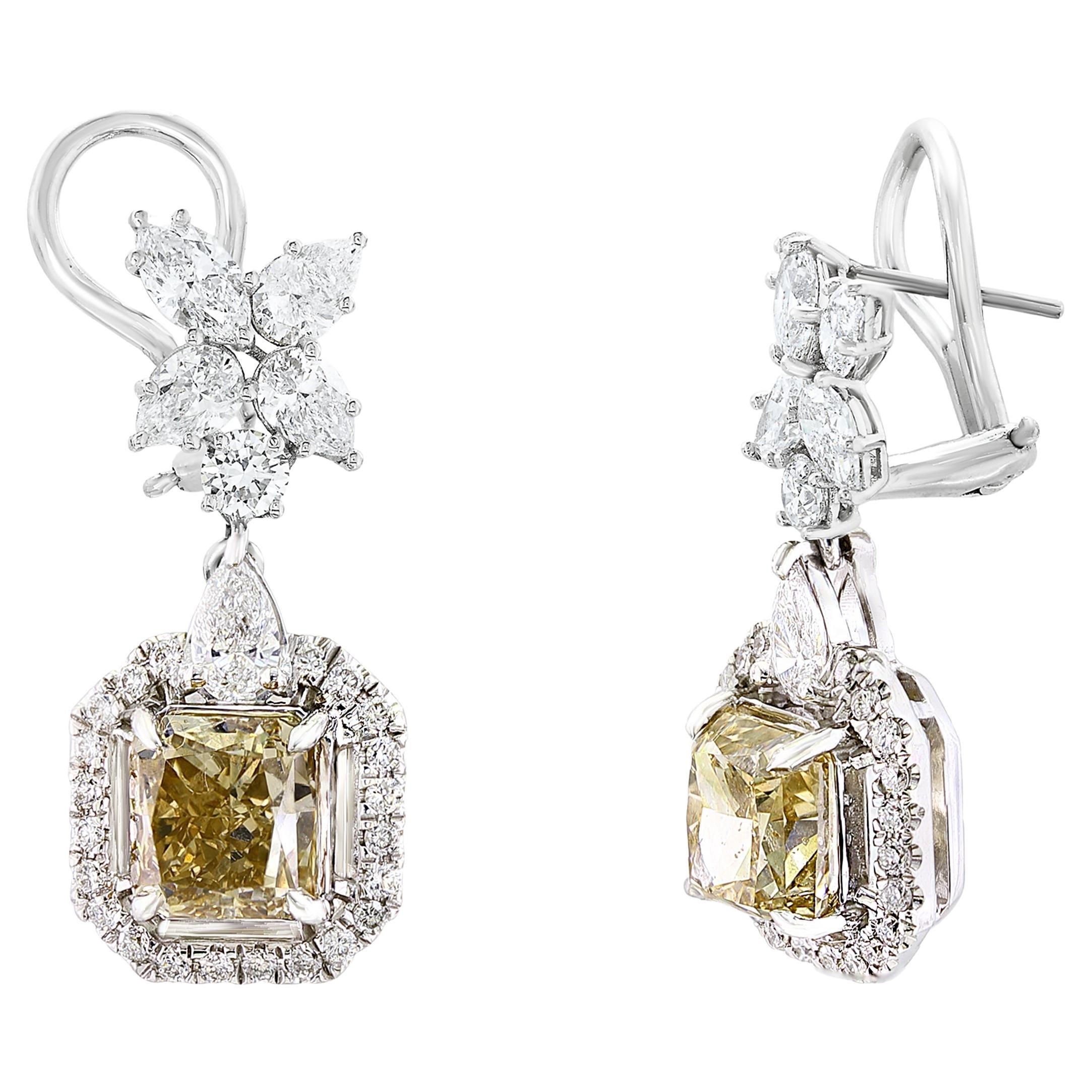 Boucles d'oreilles pendantes en or blanc 18 carats, diamant brun fantaisie et diamant de 4,50 carats