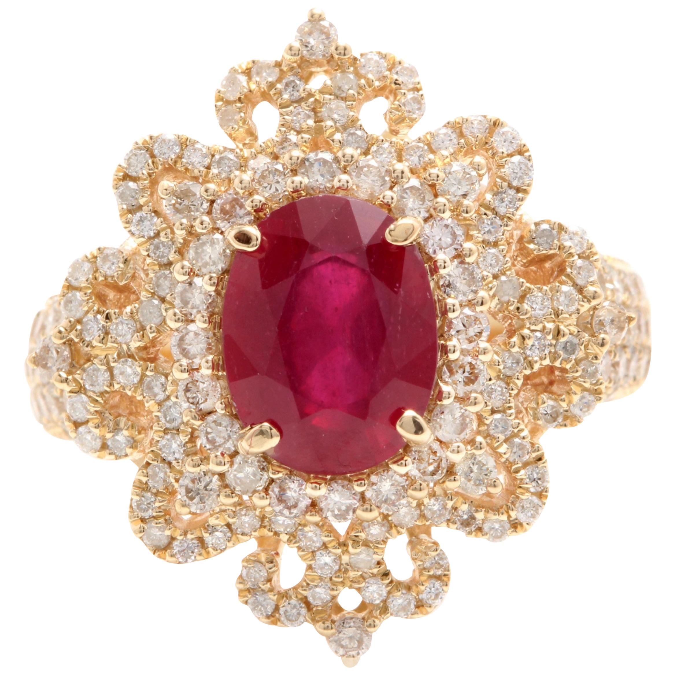 Bague impressionnante en or jaune massif 14 carats avec rubis rouge de 4,50 carats et diamants naturels