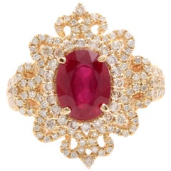 4.50 Carat Impressive Red Ruby and Natural Diamond 14K Solid Yellow Gold Ring