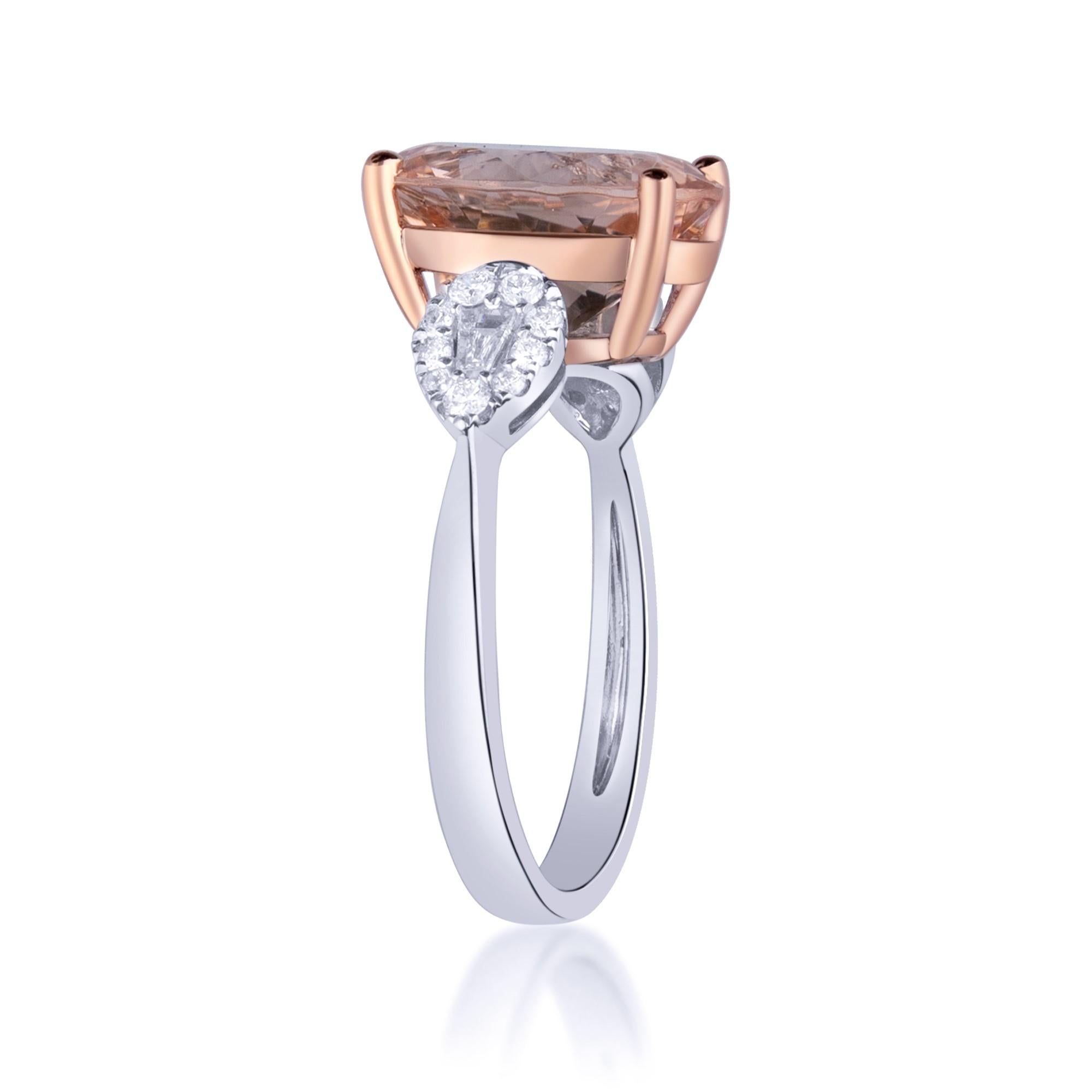 Art Deco 4.50 Carat Morganite Oval Cut Diamond accents 14K Two Tone Bridal Ring. For Sale