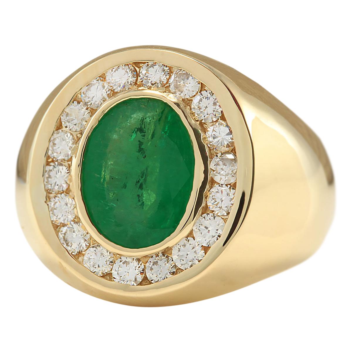 4.50 Carat Natural Emerald 14 Karat Yellow Gold Diamond Ring
Stamped: 14K Yellow Gold
Total Ring Weight: 10.7 Grams
Total Natural Emerald Weight is 3.90 Carat (Measures: 11.00x9.00 mm)
Color: Green
Total Natural Diamond Weight is 0.60 Carat
Color: