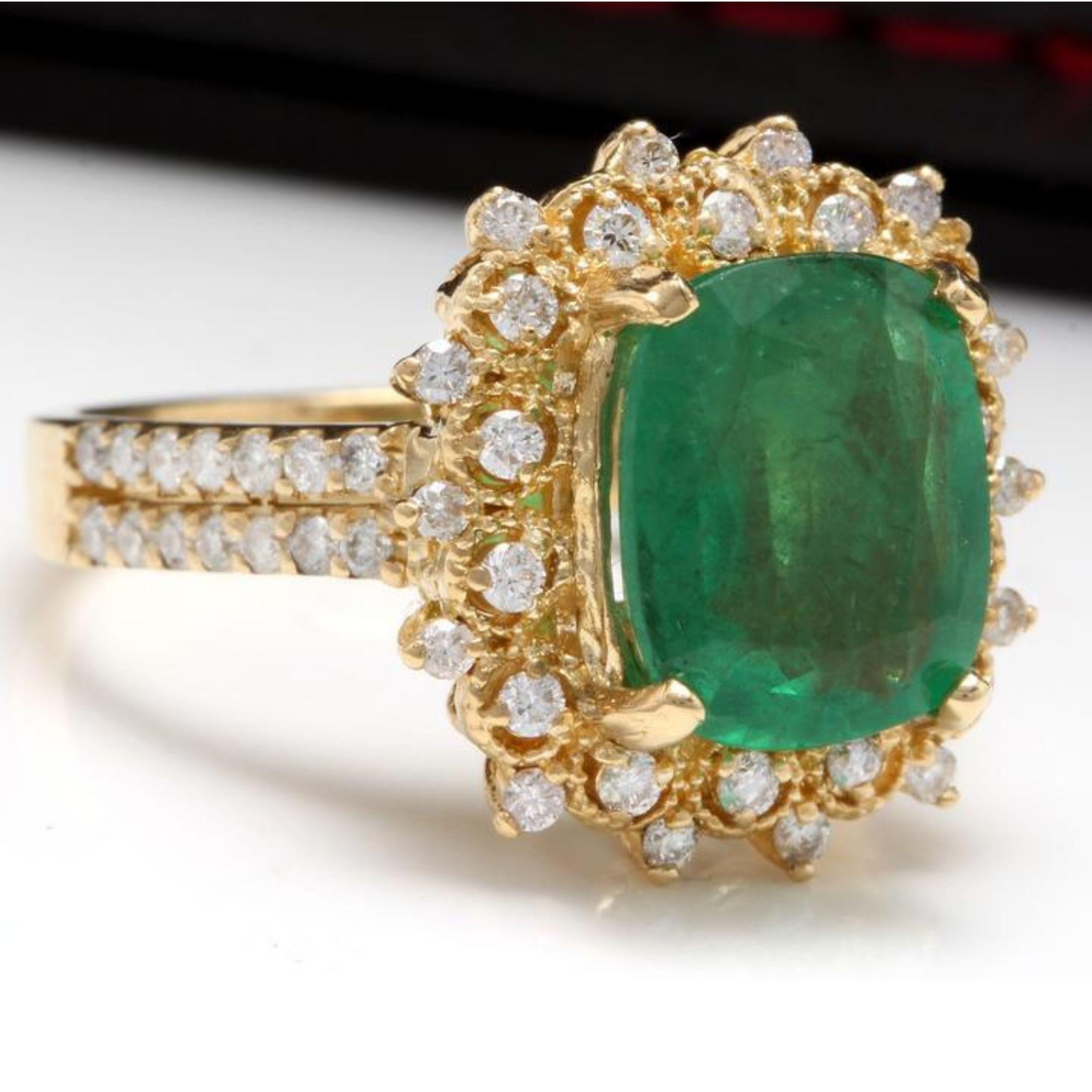 4.50 Carats Natural Emerald and Diamond 14K Solid Yellow Gold Ring

Total Natural Cushion Cut Emerald Weight is: 3.50 Carats (transparent )

Emerald Measures: 10.40 x 8.50mm

Natural Round Diamonds Weight: 1.00 Carats (color G-H / Clarity SI1)

Ring
