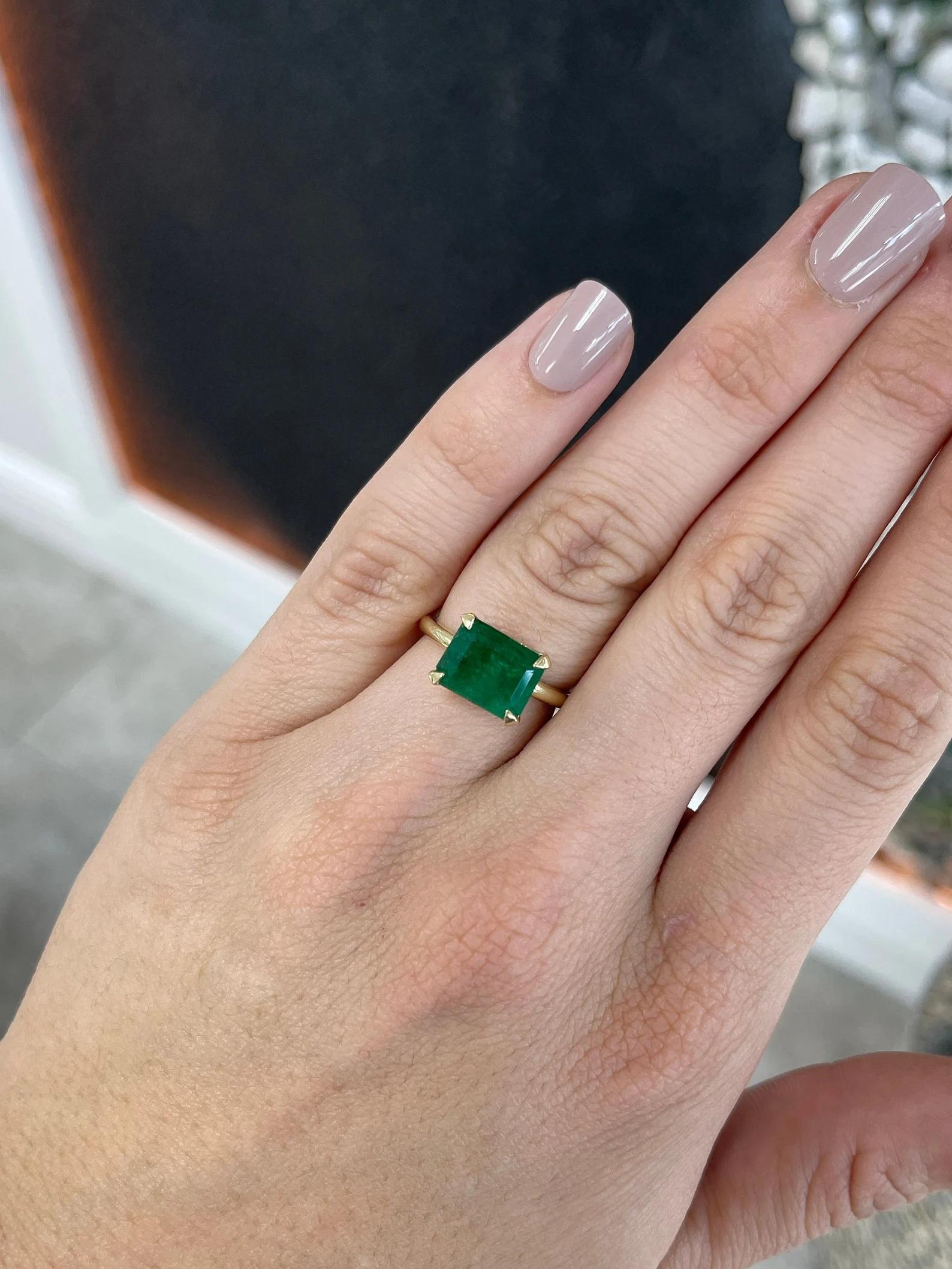Modern 4.50 Carat Natural Emerald Cut, Dark Forest Green East to West Solitaire Ring