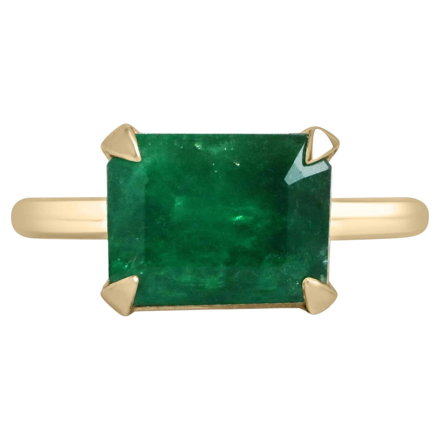 4.50 Carat Natural Emerald Cut, Dark Forest Green East to West Solitaire Ring For Sale