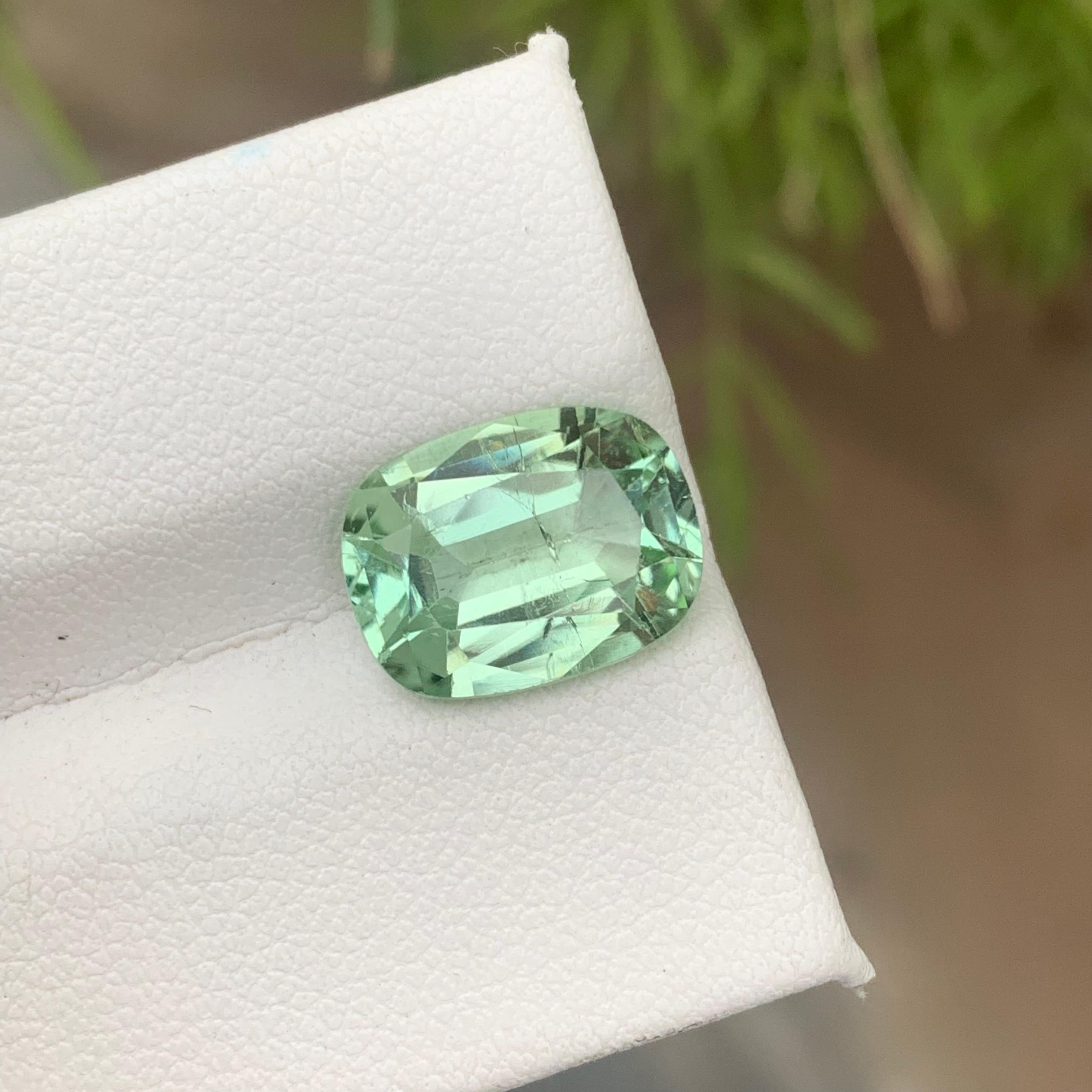 Gemstone Type : Tourmaline
Weight : 4.50 Carats
Dimensions : 12.2x9.1x5.7 Mm
Origin : Kunar Afghanistan
Clarity : SI
Shape: Cushion
Color: Mint Green
Certificate: On Demand
Basically, mint tourmalines are tourmalines with pastel hues of light green