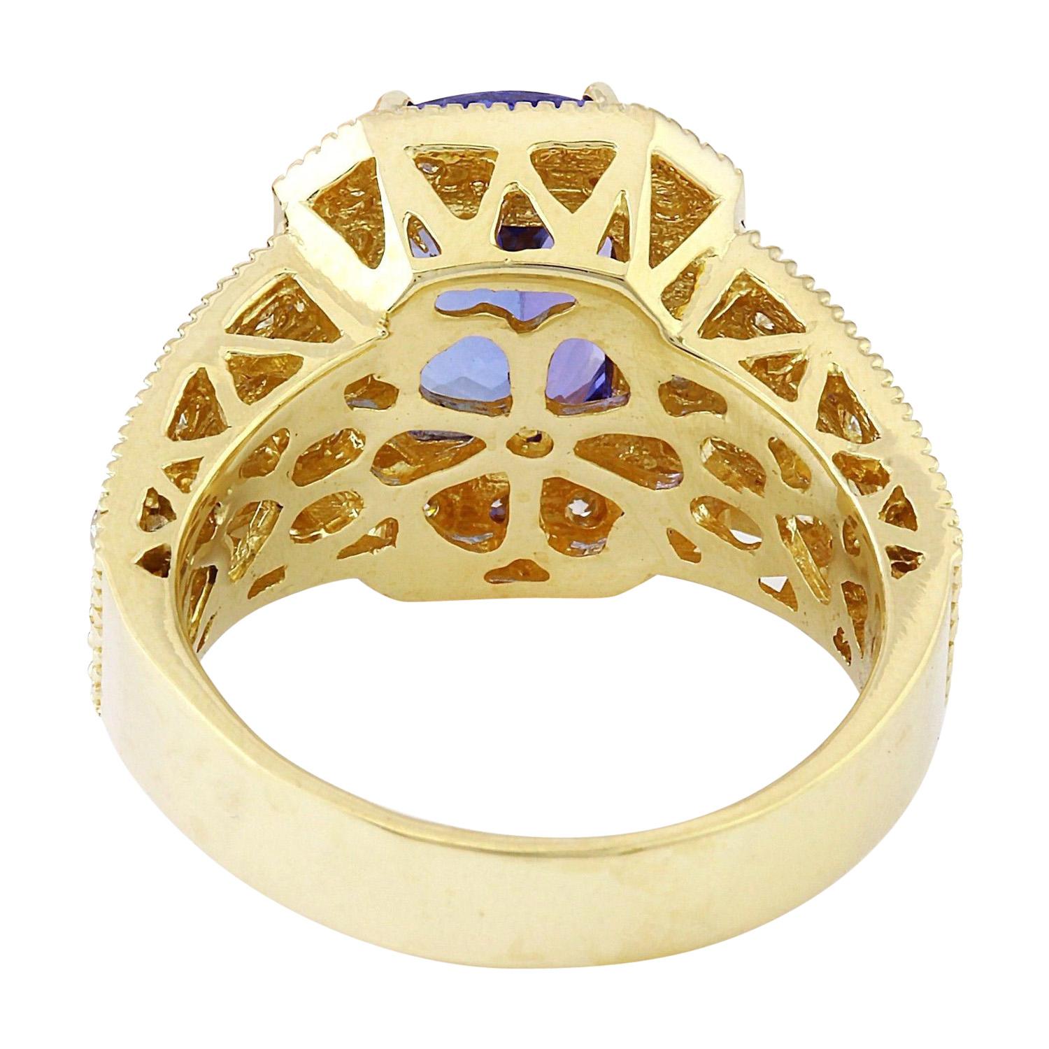 Cushion Cut Tanzanite Diamond Ring In 14 Karat Solid Yellow Gold  For Sale