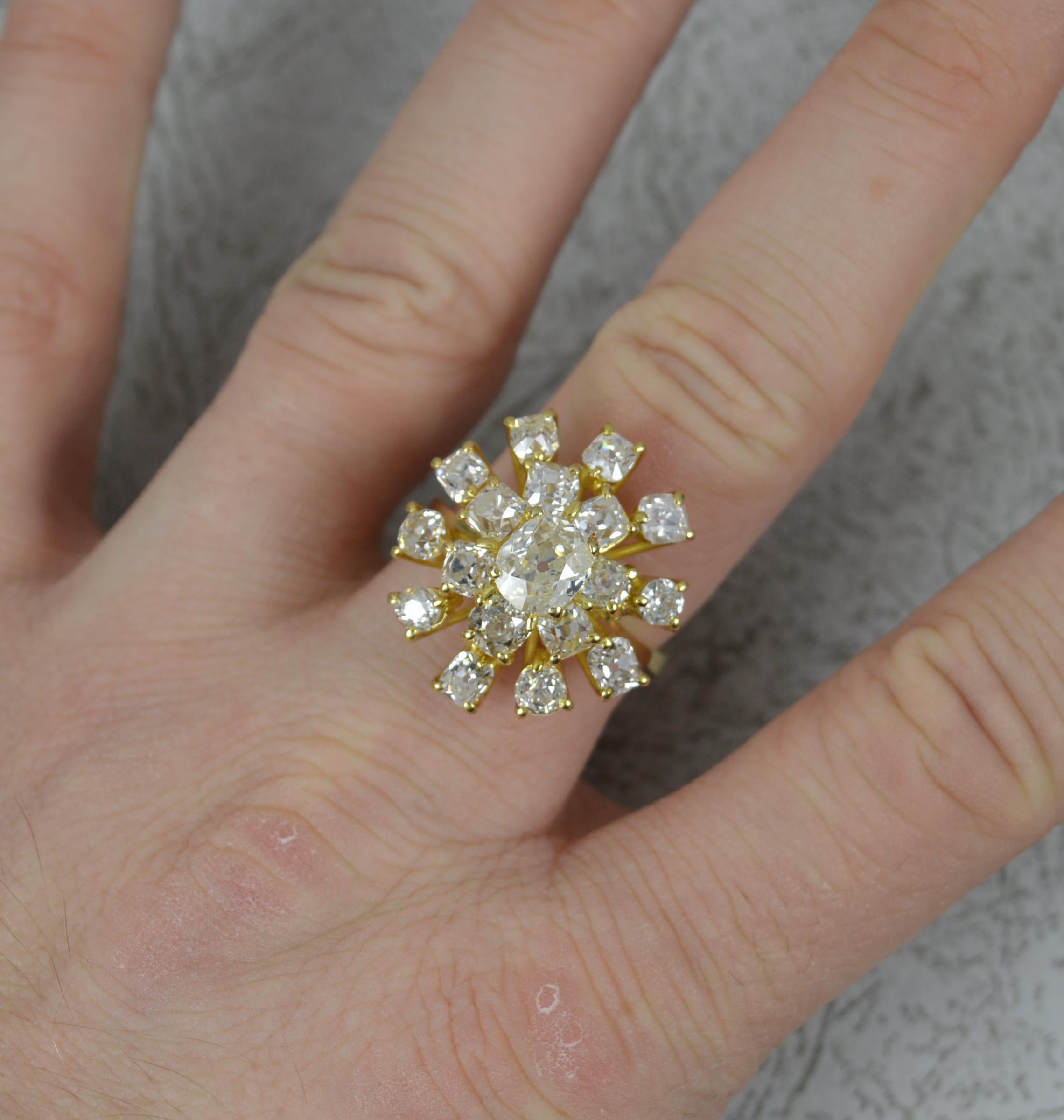A stunning 18ct Gold and Diamond ring.
Solid 18 carat yellow gold shank and claw setting.
Designed with old mine and European cut diamonds. To the centre, 5.9mm x 6.7mm approx 1 carat. Surrounding are two tiers of additional diamonds to total 3.5
