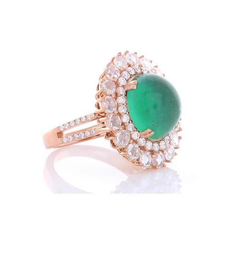 AGL Certified 4.50 Carat Oval Cabochon Emerald & Diamond Ring in 18K Gold In New Condition In Chicago, IL
