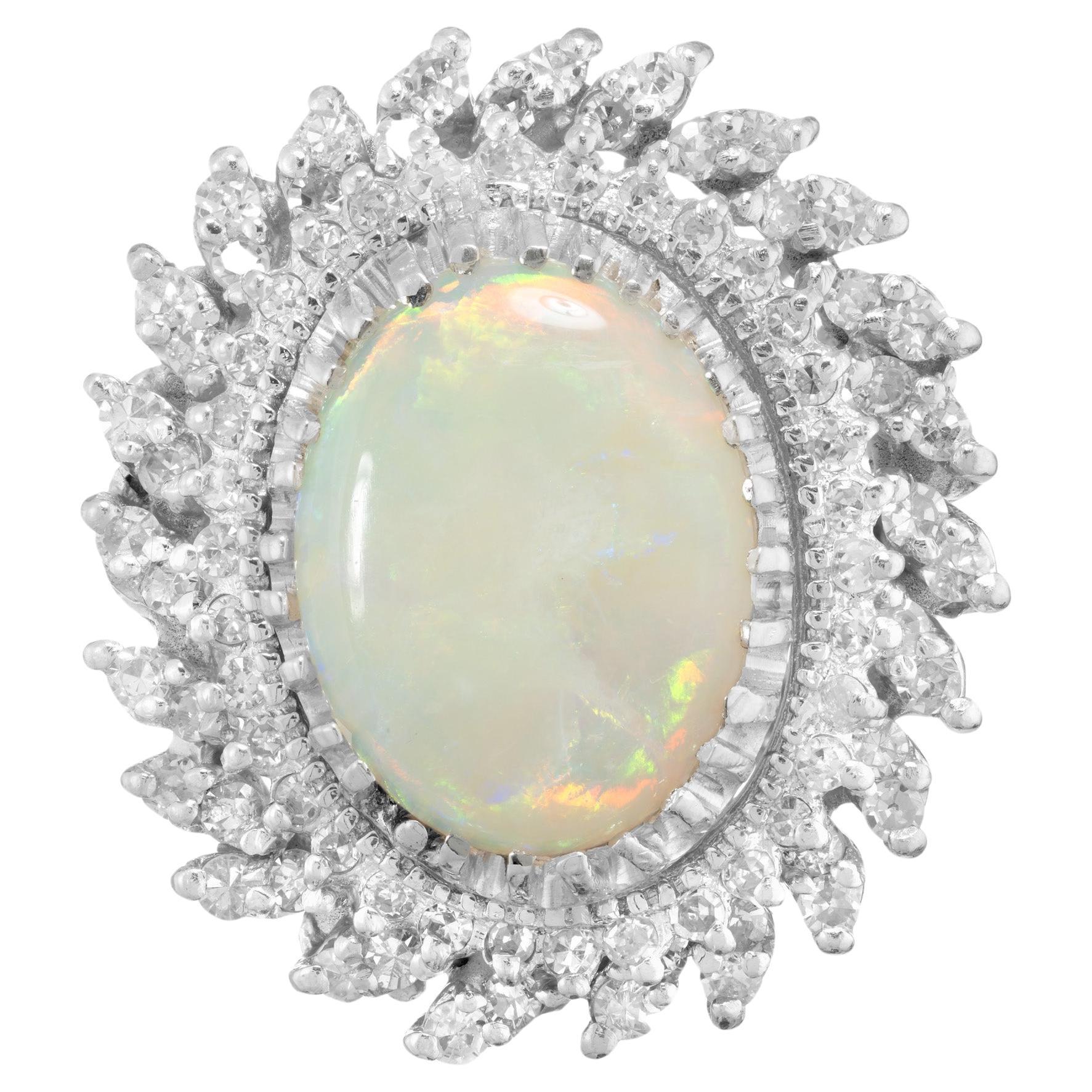 4.50 Carat Oval Opal Diamond Halo Gold Mid Century Cocktail Ring