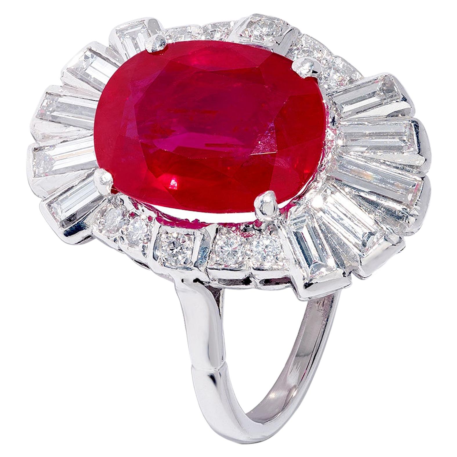4.50 Carat Red Ruby and Baguette Diamond Ring For Sale