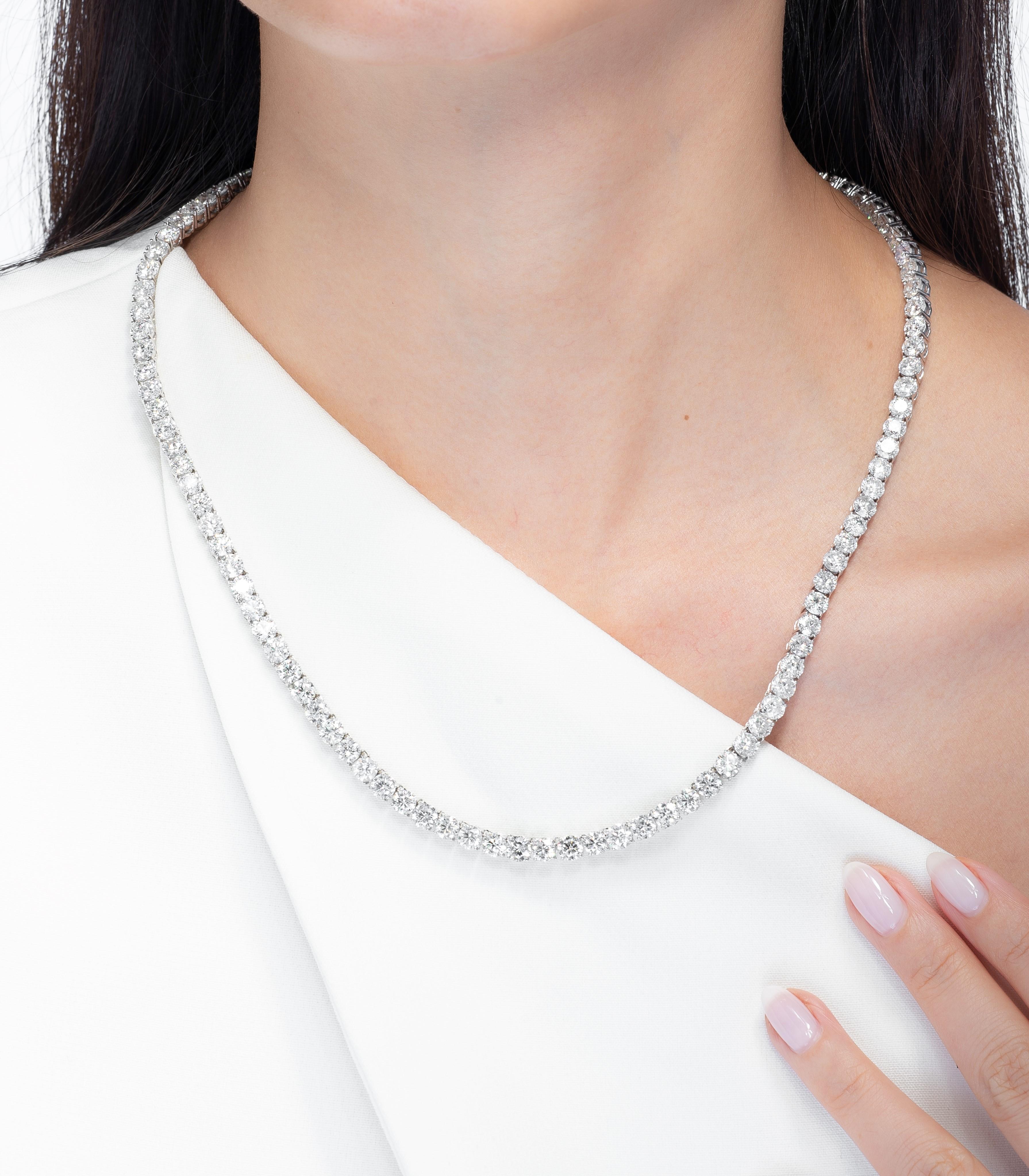 A gorgeous diamond necklace is a staple in everyone's wardrobe! This 45 carat round brilliant white diamond necklace features GH color diamonds in SI1 clarity. There are 108 round diamonds with incredible sparkle, ranging in size from 0.38 carats to