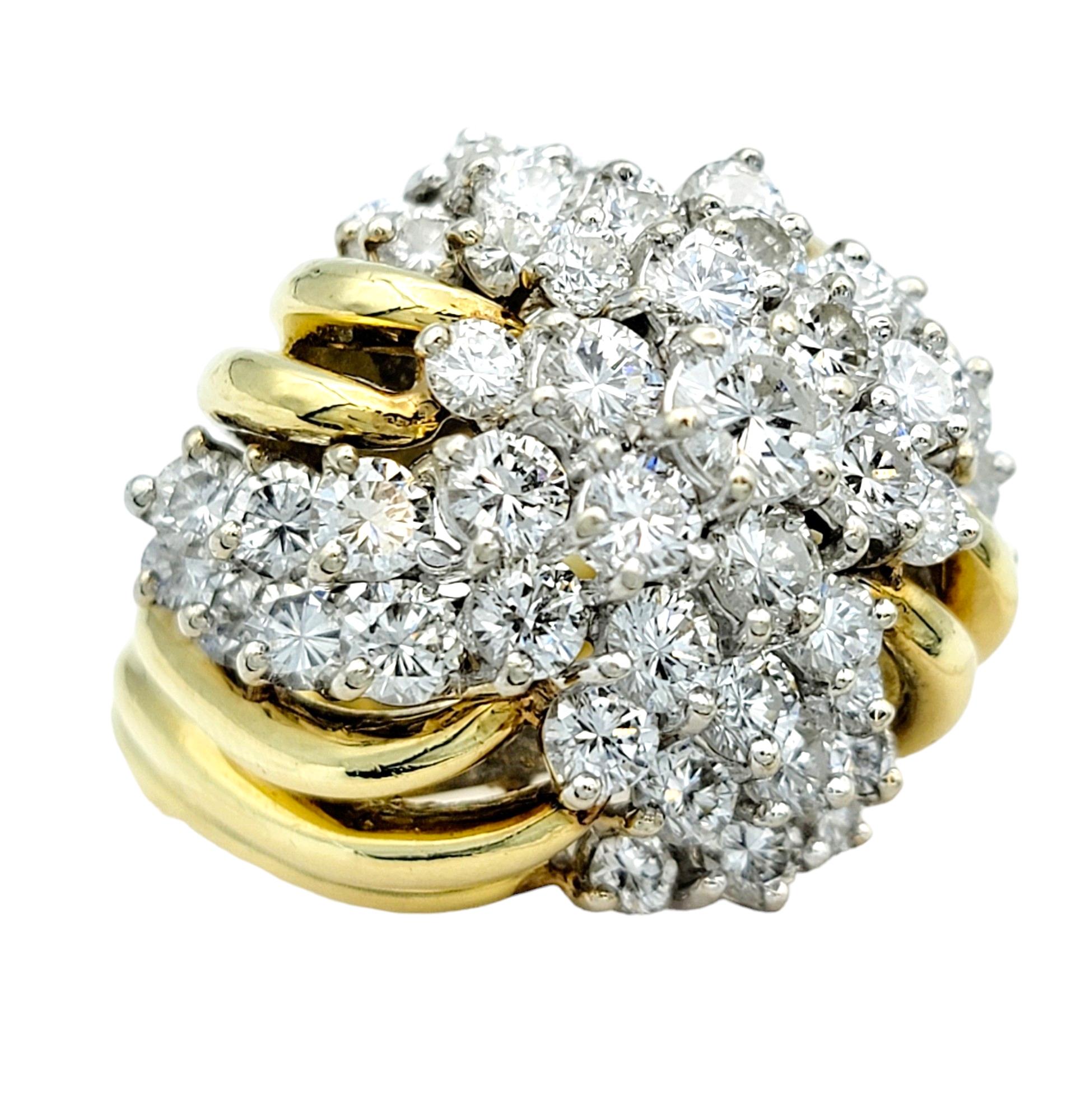 Contemporary 4.50 Carat Total Round Diamond Clustered Dome Cocktail Ring 18 Karat Yellow Gold For Sale