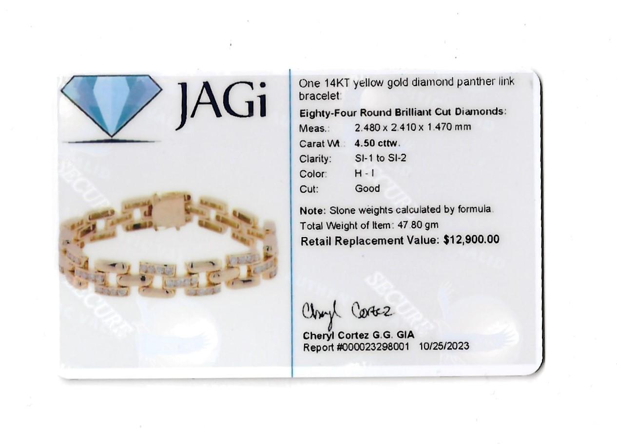 4.50 Carat Total Round Diamond Panther Link Bracelet Set in 14 Karat Yellow Gold For Sale 4