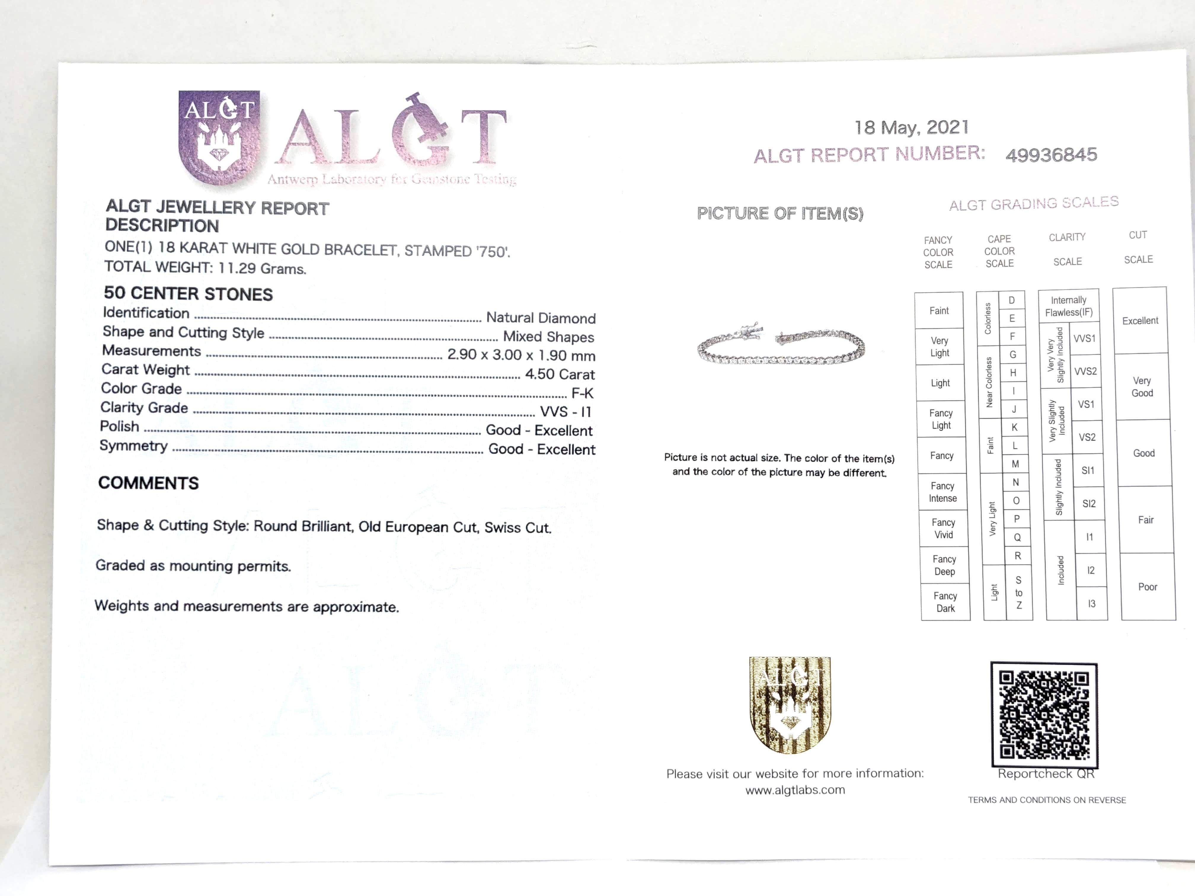 4.50 Carat White Gold Diamond Tennis Bracelet For Sale 5