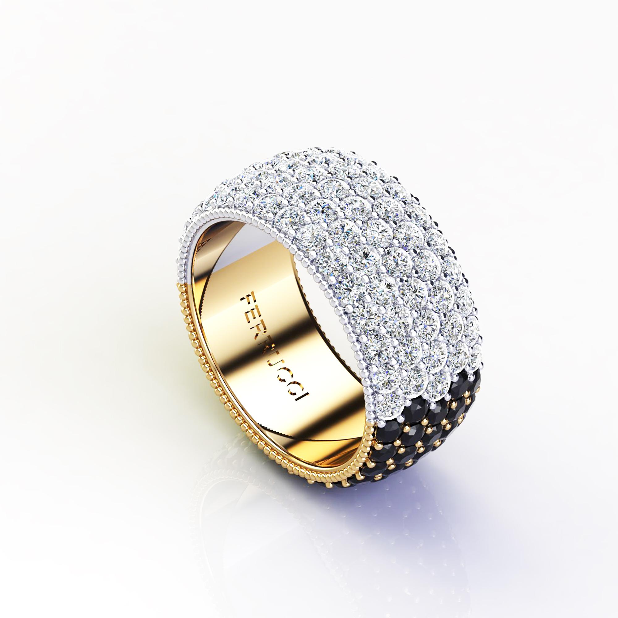 FERRUCCI Wide diamond pave' ring, with a slightly dome feeling, a wrap of sparkling white diamonds and black diamonds, for an approximate total carat weight of 4.50 carats, hand made in New York City by hand by  Italian master jeweler, conceived in