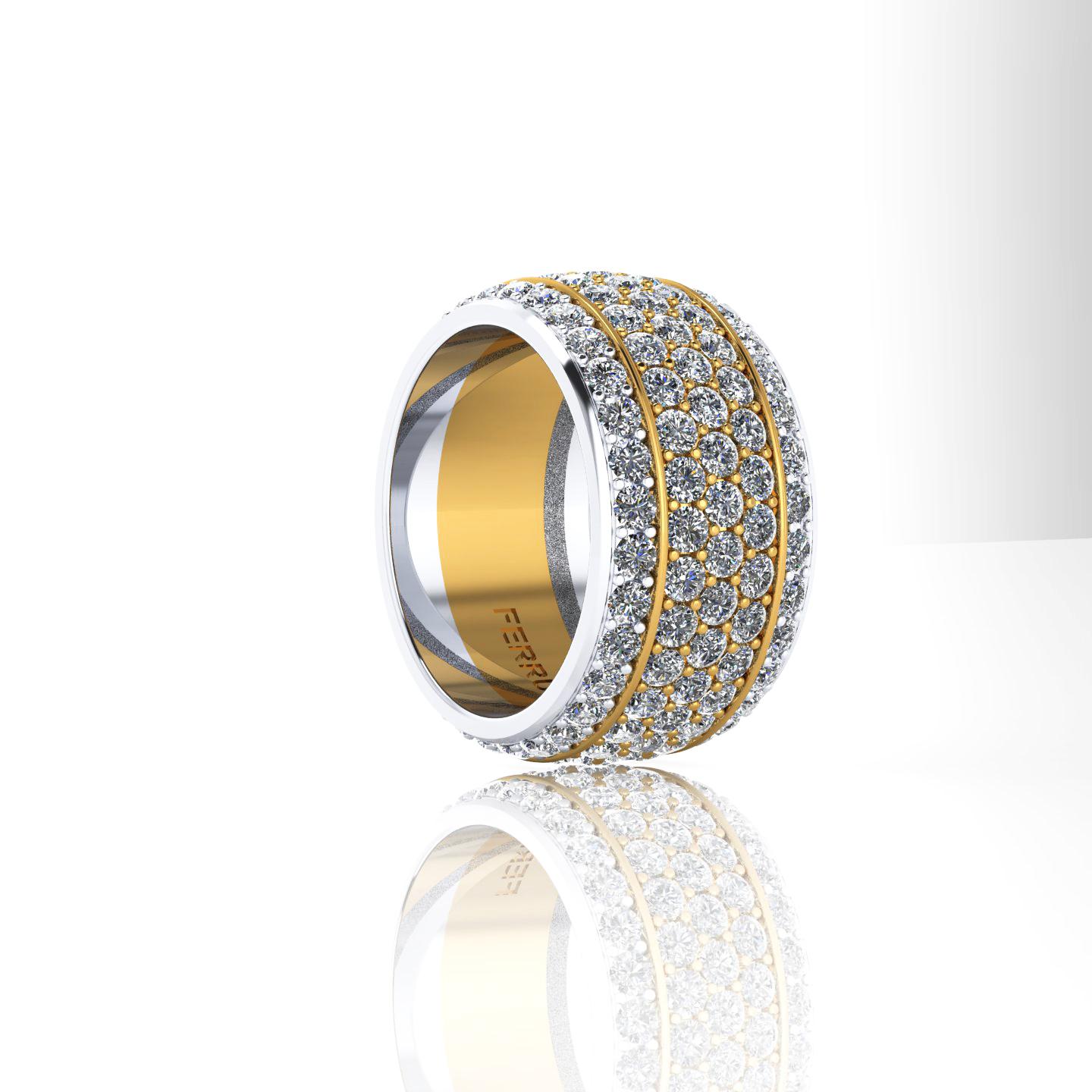 Modern 4.70 Carat Wide White Diamond Pave' Ring 18 Karat Yellow and White Gold For Sale