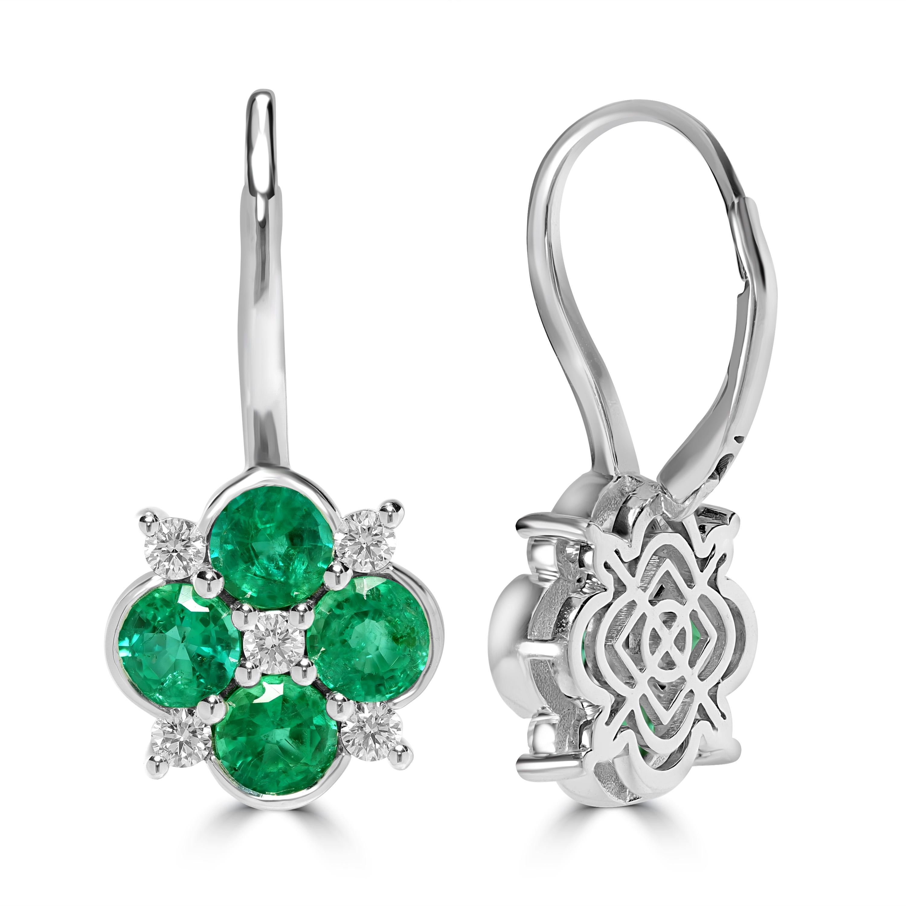 Round Cut 4.50 Carats Emerald Clover Leaf Earrings with Diamonds For Sale