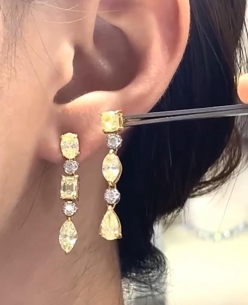 Mixed Cut 4.50 Carats Fancy Yellow & White Diamonds 18K Gold Earrings For Sale