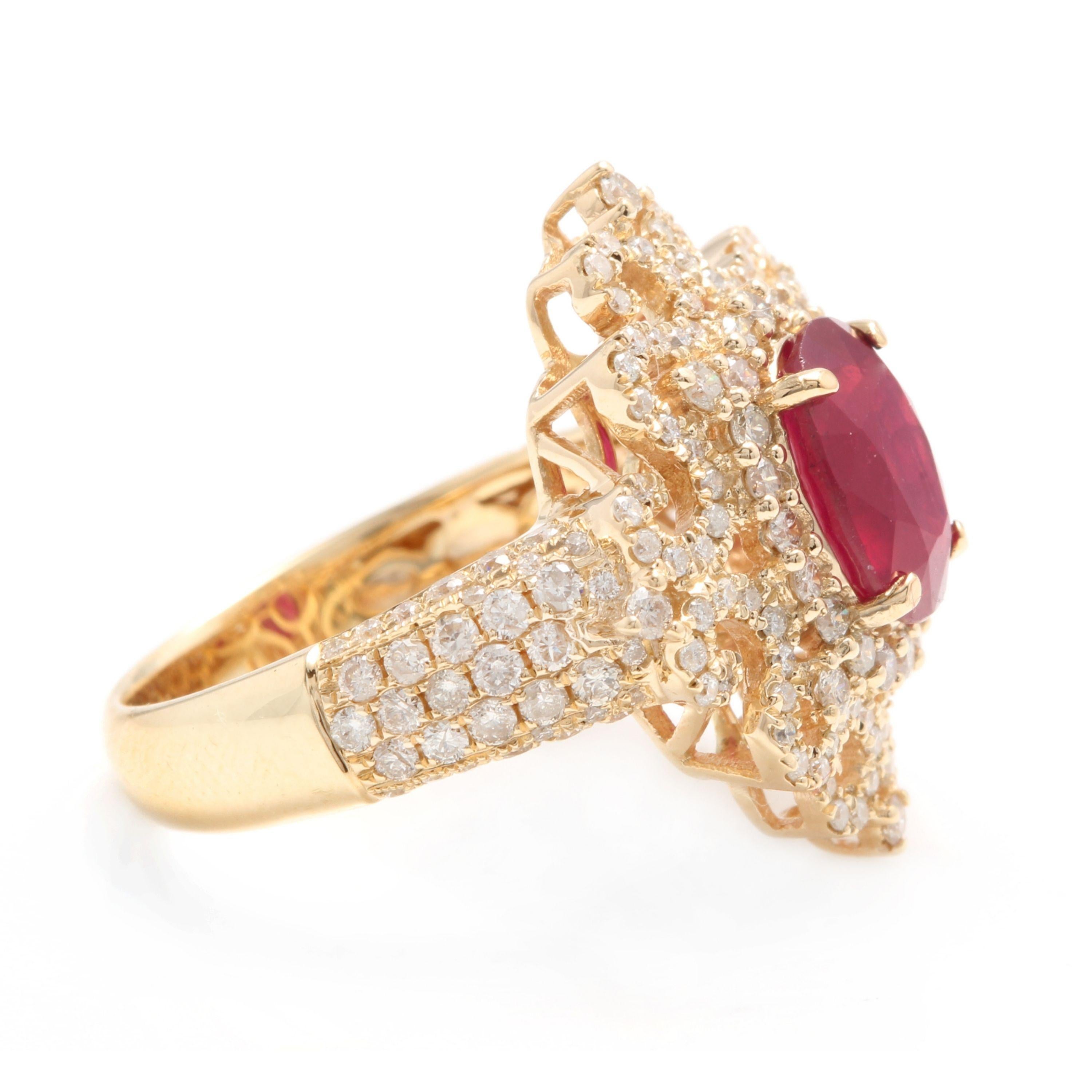 4.50 Carats Impressive Red Ruby and Natural Diamond 14K Solid Yellow Gold Ring

Total Red Ruby Weight is Approx. 3.00 Carats (Treated: Lead Glass Filling)

Ruby Measures: Approx. 9.00 x 7.00mm

Natural Round Diamonds Weight: Approx. 1.50 Carats