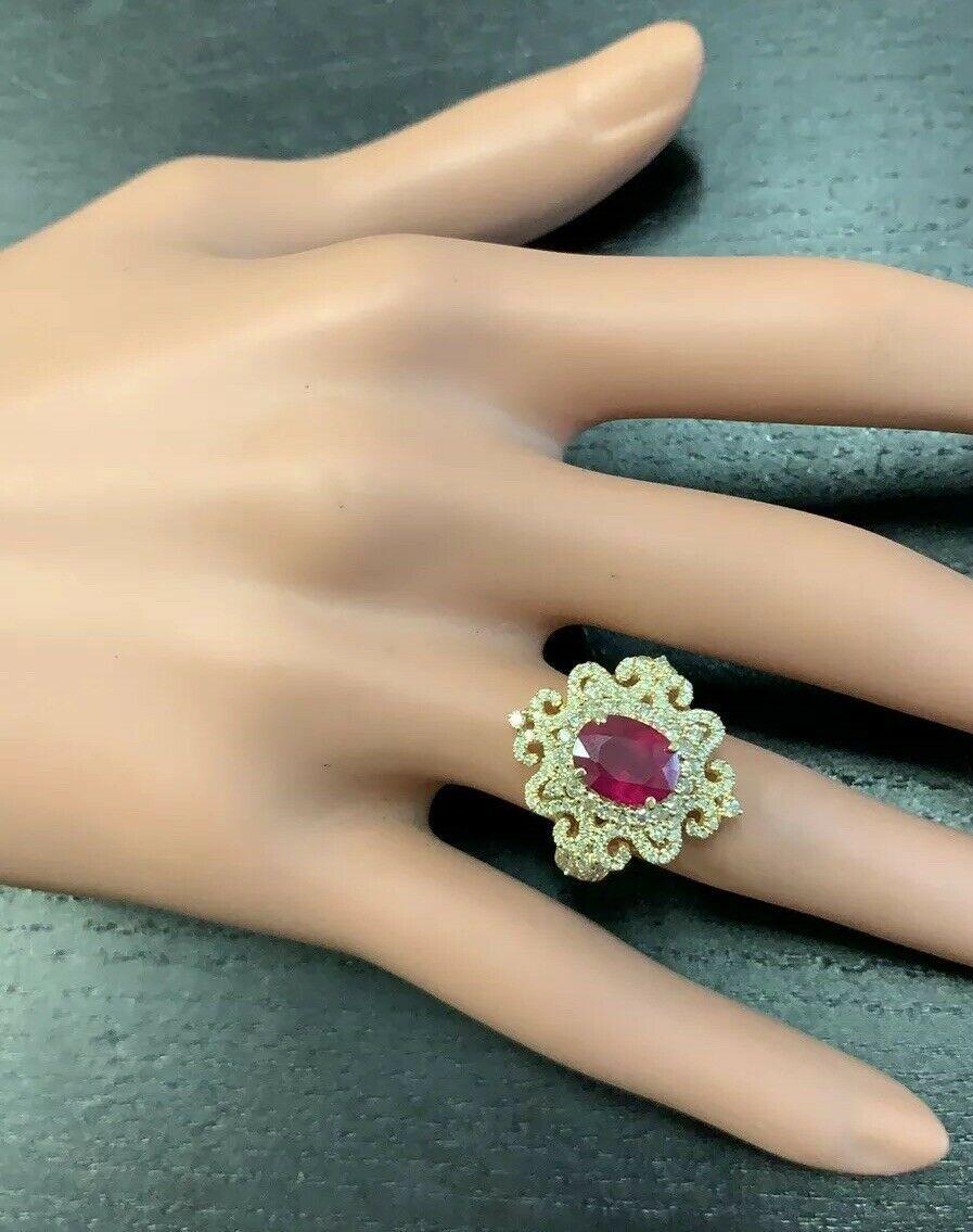 4.50 Carat Impressive Red Ruby and Natural Diamond 14K Solid Yellow Gold Ring For Sale 1