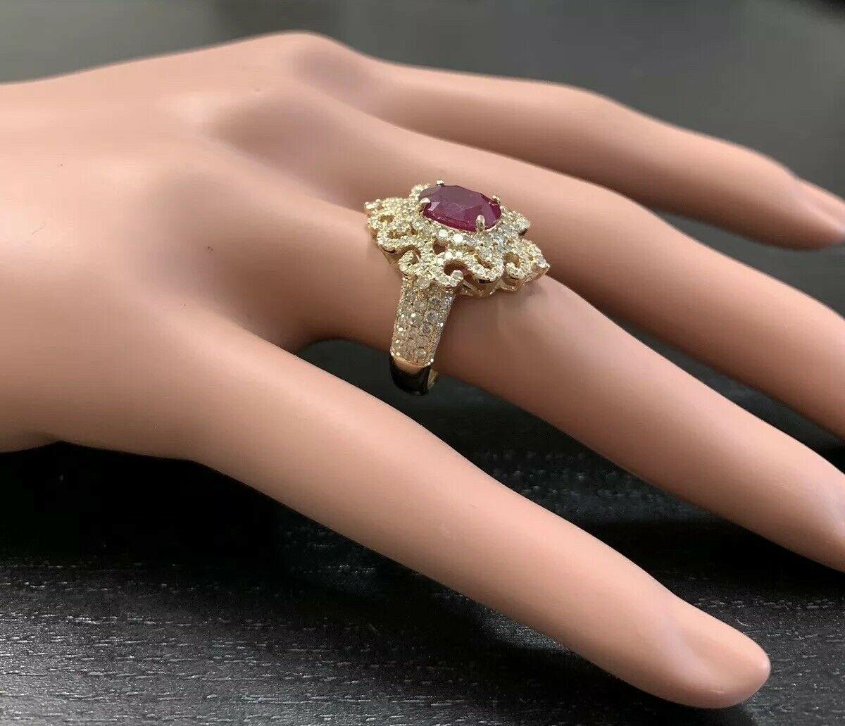 4.50 Carat Impressive Red Ruby and Natural Diamond 14K Solid Yellow Gold Ring For Sale 2