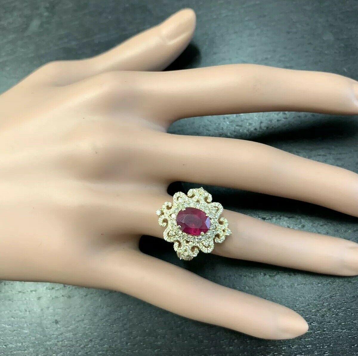 4.50 Carat Impressive Red Ruby and Natural Diamond 14K Solid Yellow Gold Ring For Sale 3