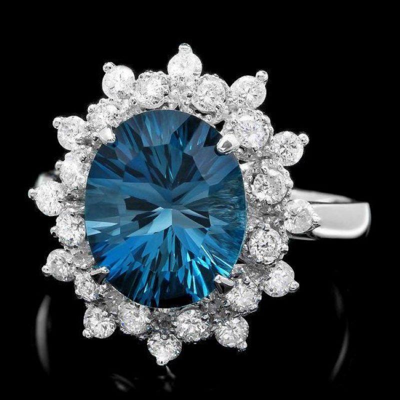 Mixed Cut 4.50 Carats Natural Blue Topaz and Diamond 14K Solid White Gold Ring For Sale
