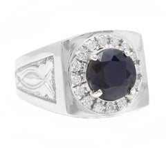 4.50 Carats Natural Diamond & Blue Sapphire 14K Solid White Gold Men's Ring
