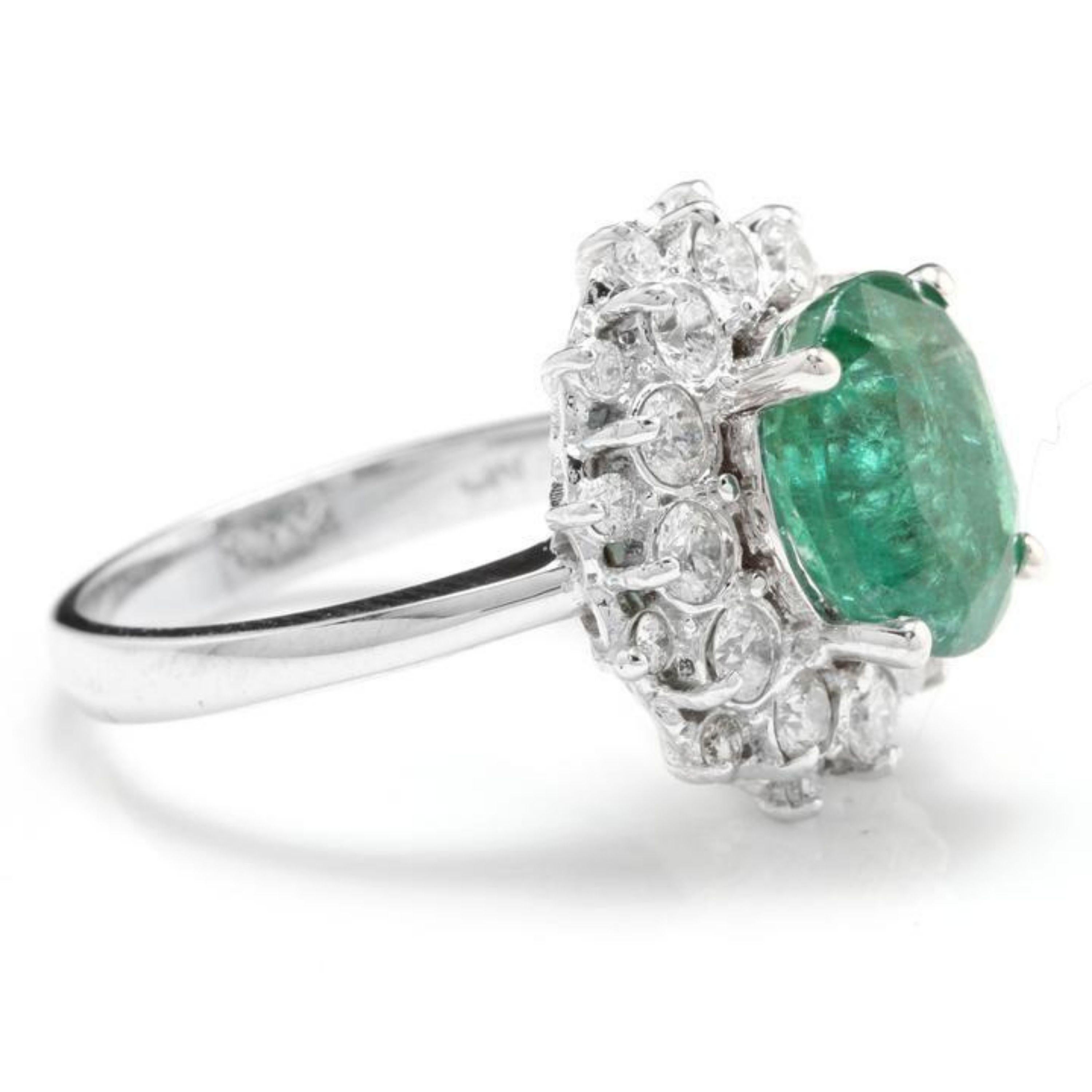 Emerald Cut 4.50 Carat Natural Emerald and Diamond 14 Karat Solid White Gold Ring For Sale