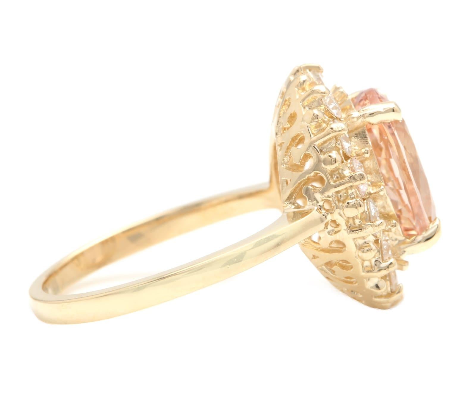 4.50 Carats Impressive Natural Morganite and Diamond 14K Solid Yellow Gold Ring

Suggested Replacement Value: Approx. $6,000.00

Total Morganite Weight is: Approx. 3.50 Carats

Morganite Treatment: Heating

Morganite Measures: Approx. 11.00 x