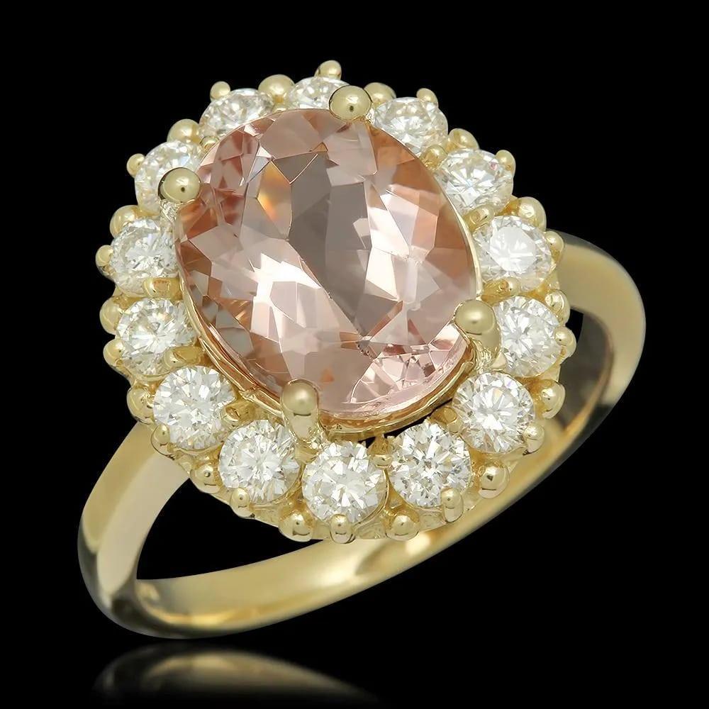 Mixed Cut 4.50 Carats Natural Morganite and Diamond 14K Solid Yellow Gold Ring For Sale