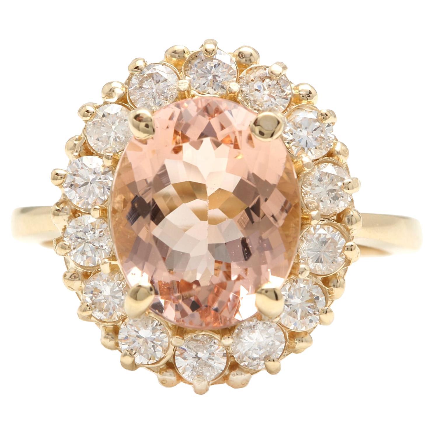 4.50 Carats Natural Morganite and Diamond 14K Solid Yellow Gold Ring For Sale
