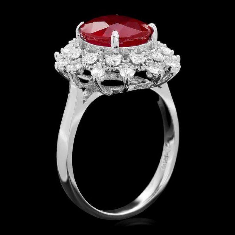 4.50 Carats Natural Red Ruby and Diamond 14K Solid White Gold Ring

Total Red Ruby Weight is: Approx. 3.90 Carats

Ruby Measures: Approx. 10.00 x 8 mm

Ruby treatment: Fracture Filling

Natural Round Diamonds Weight: Approx. 0.60 Carats (color G-H /