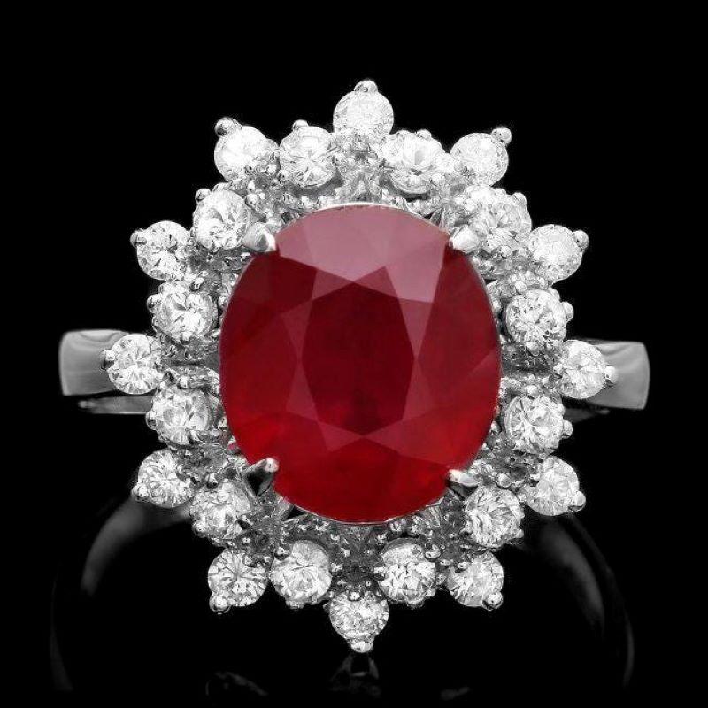 Mixed Cut 4.50 Carats Natural Red Ruby and Diamond 14K Solid White Gold Ring For Sale
