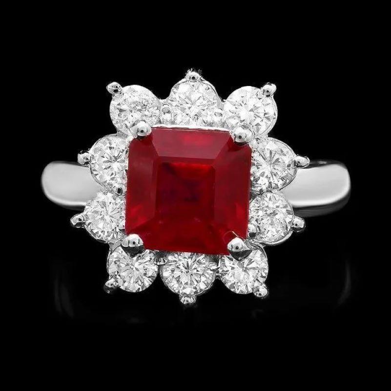 Mixed Cut 4.50 Carats Natural Red Ruby and Diamond 14K Solid White Gold Ring For Sale