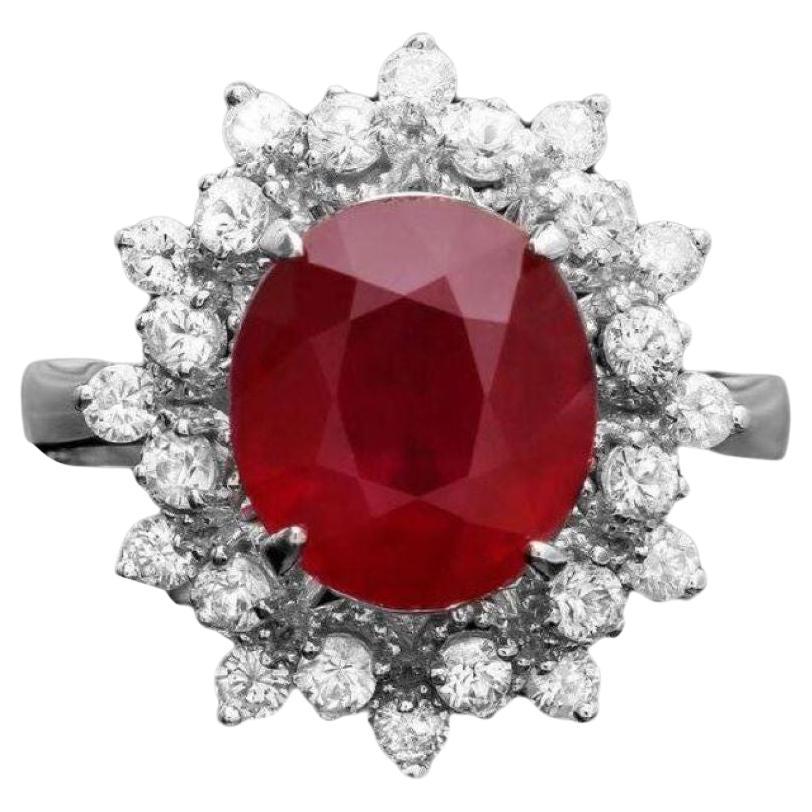 4.50 Carats Natural Red Ruby and Diamond 14K Solid White Gold Ring